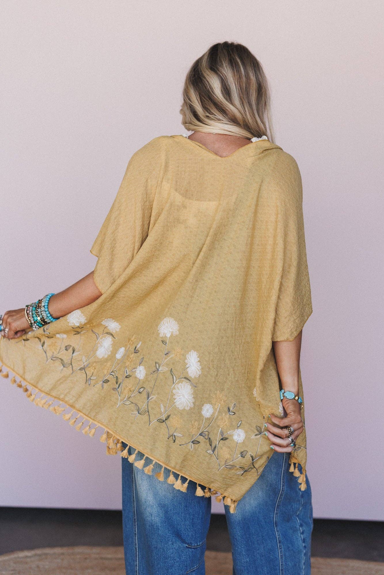 Three Bird Nest Secret Meadow Embroidered Kimono - Mustard Yellow OS