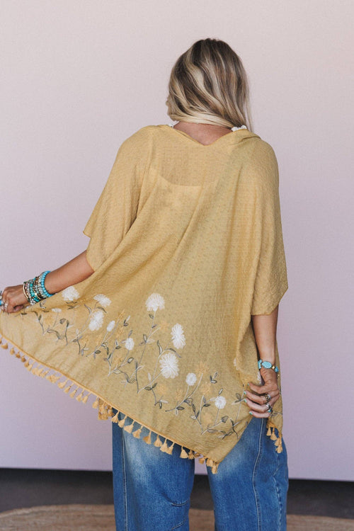 Three Bird Nest Secret Meadow Embroidered Kimono - Mustard Yellow OS