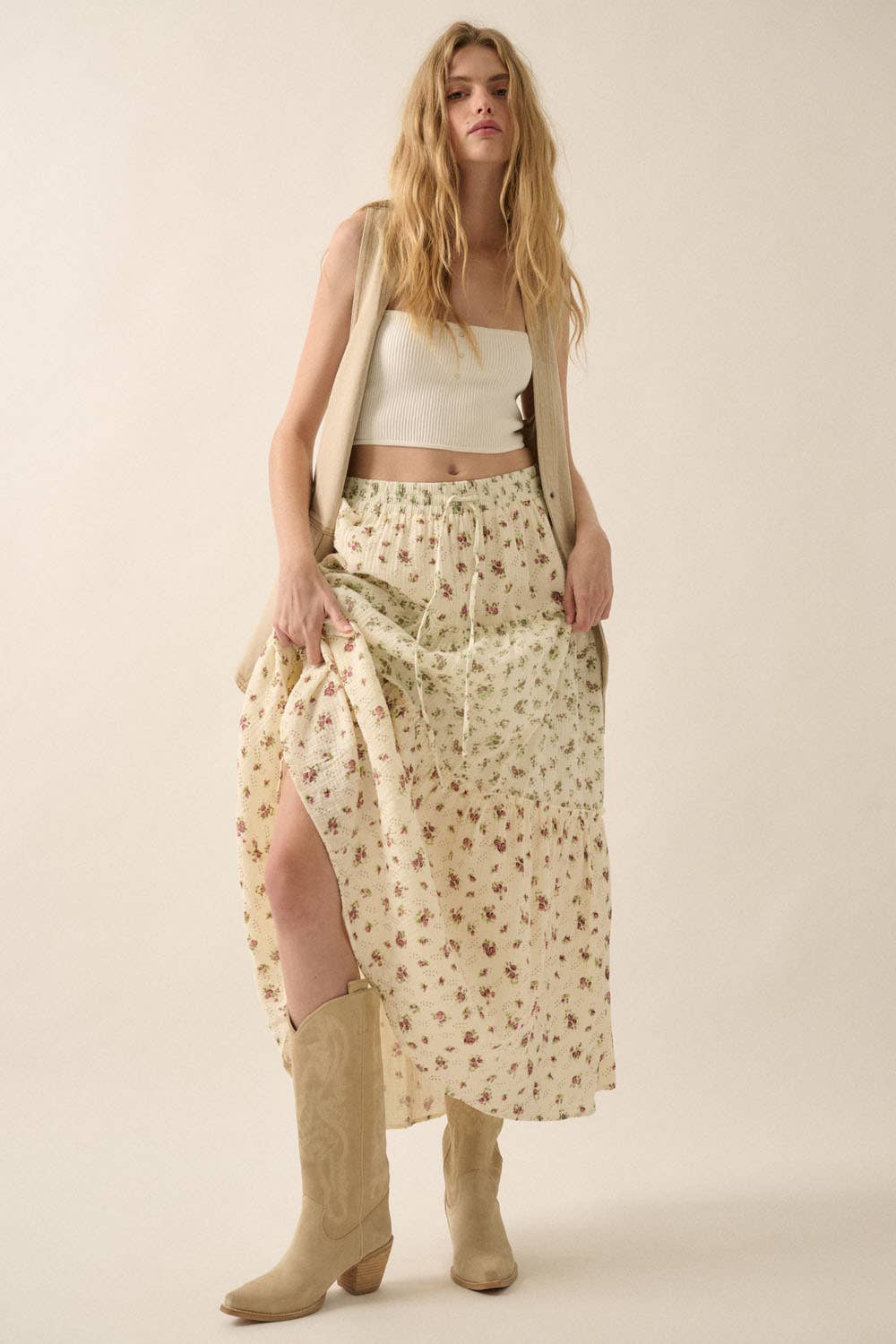 Promesa USA FLORAL CRINKLE COTTON COLORBLOCK TIERED MAXI SKIRT