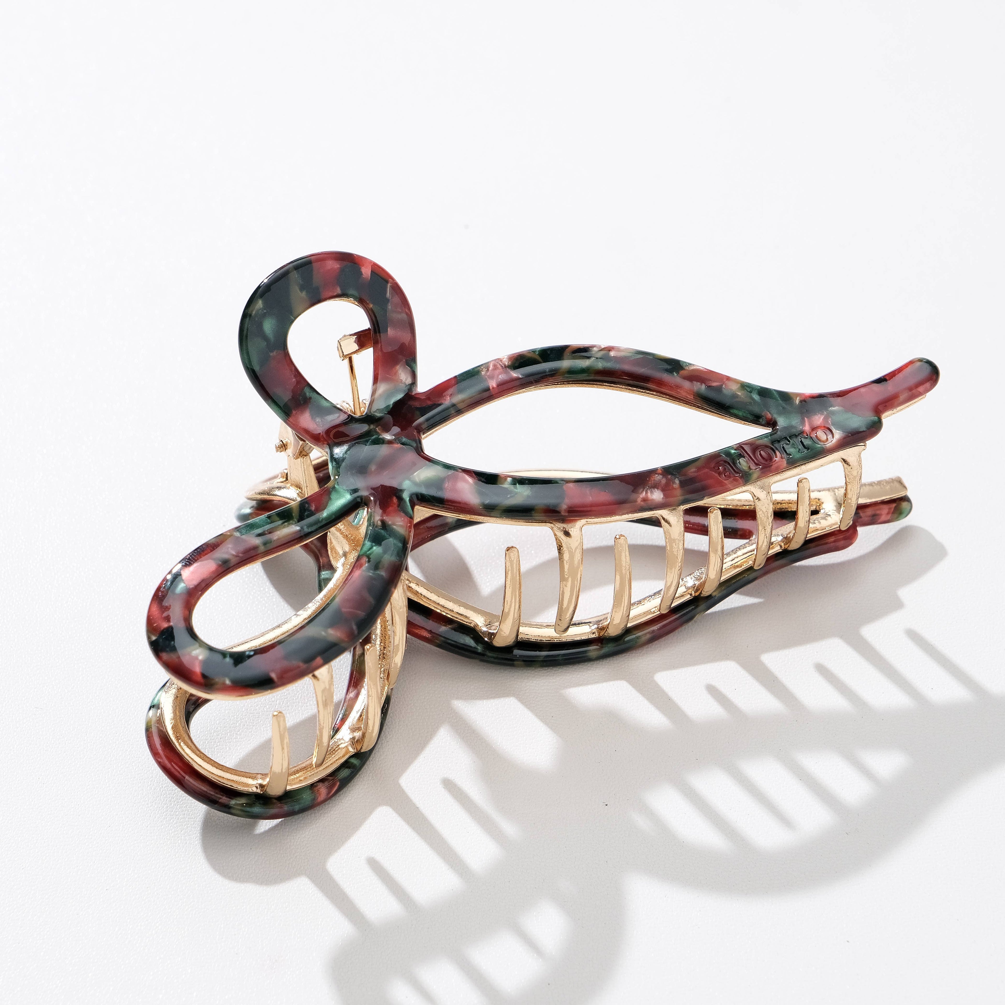 Adorro Sabrina Vintage Holiday | Large Ribbon Metal Bow Claw Clip Red & Green