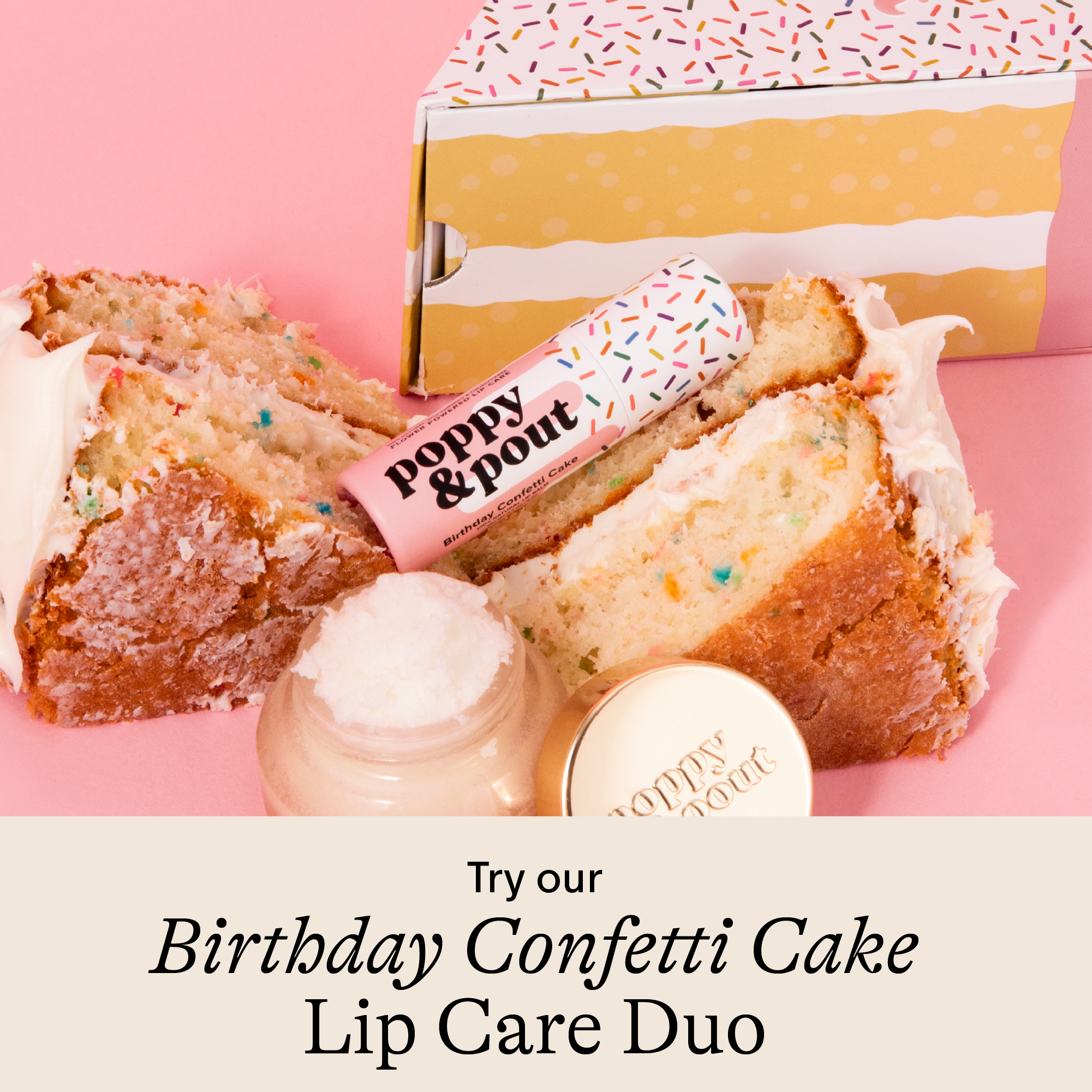 Poppy & Pout Lip Balm, Birthday Confetti Cake, Purple