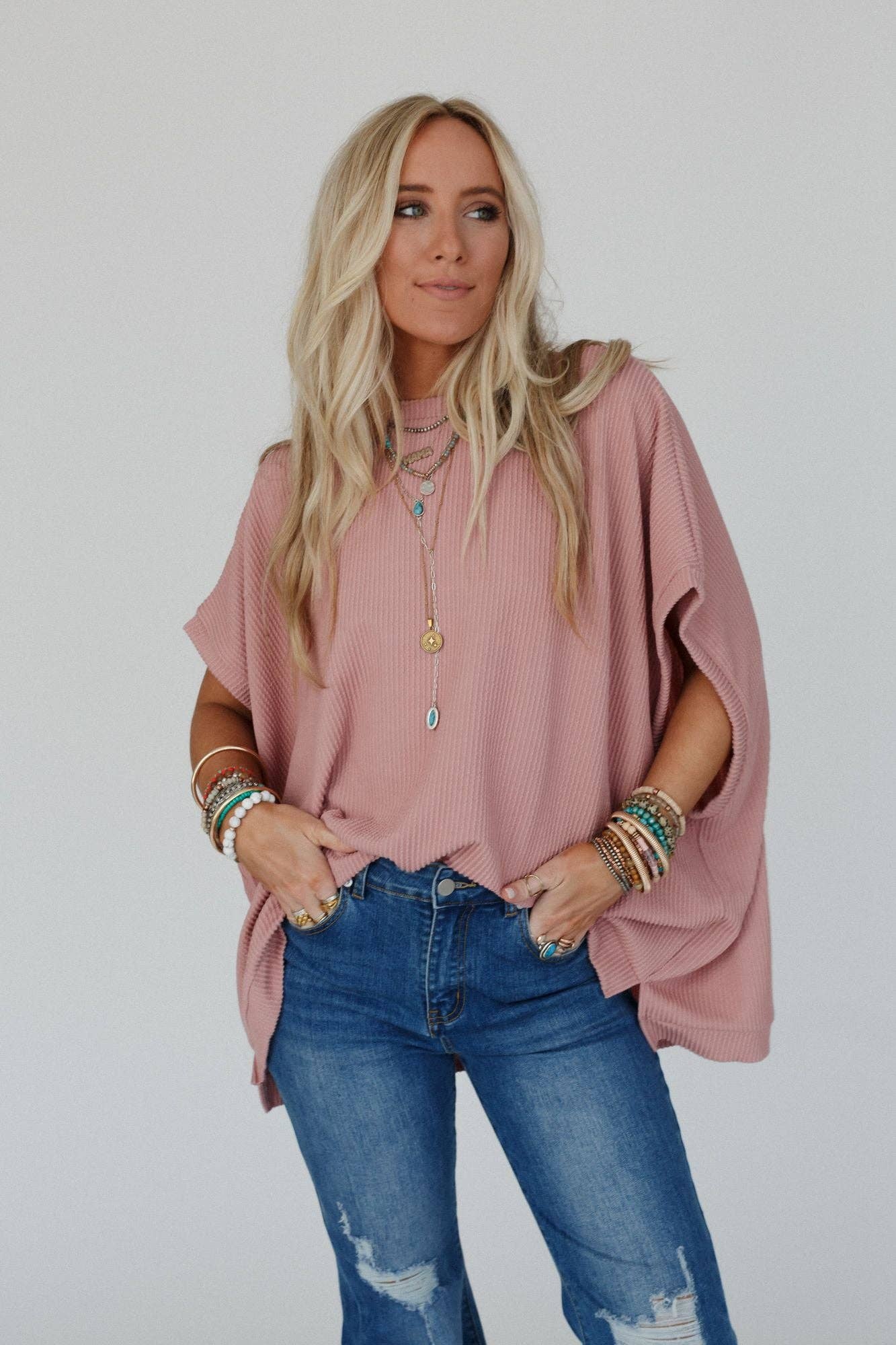 Three Bird Nest Moon Glow Texture Knit Top - Rose Faded