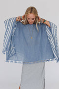 Three Bird Nest Fallon Embroidered Sleeve Tassel Poncho - Blue OS