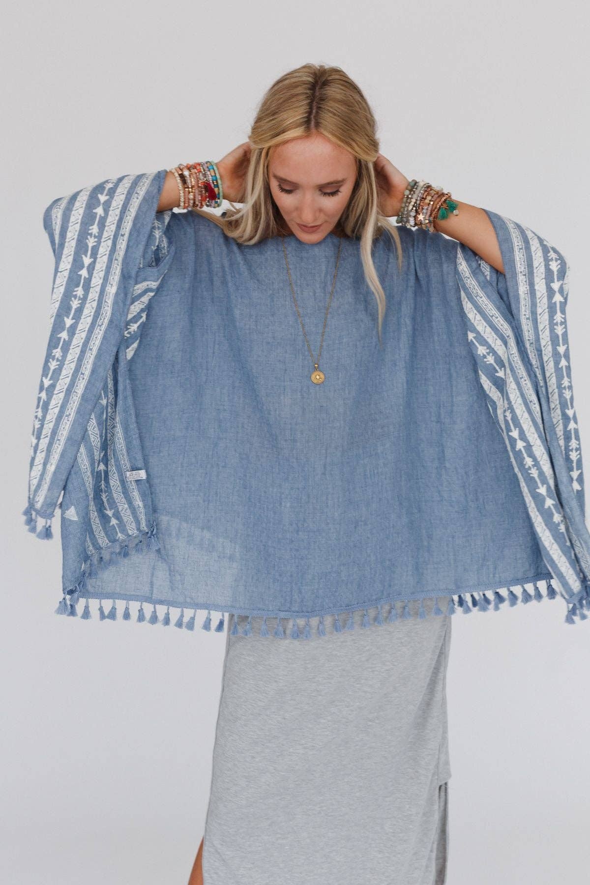 Three Bird Nest Fallon Embroidered Sleeve Tassel Poncho - Blue OS