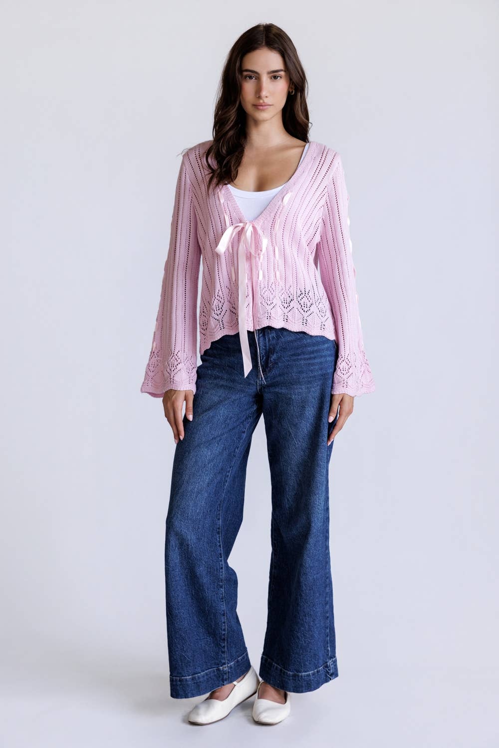 STORIA CLEMENTINE POINTELLE CARDIGAN LIGHT PINK L