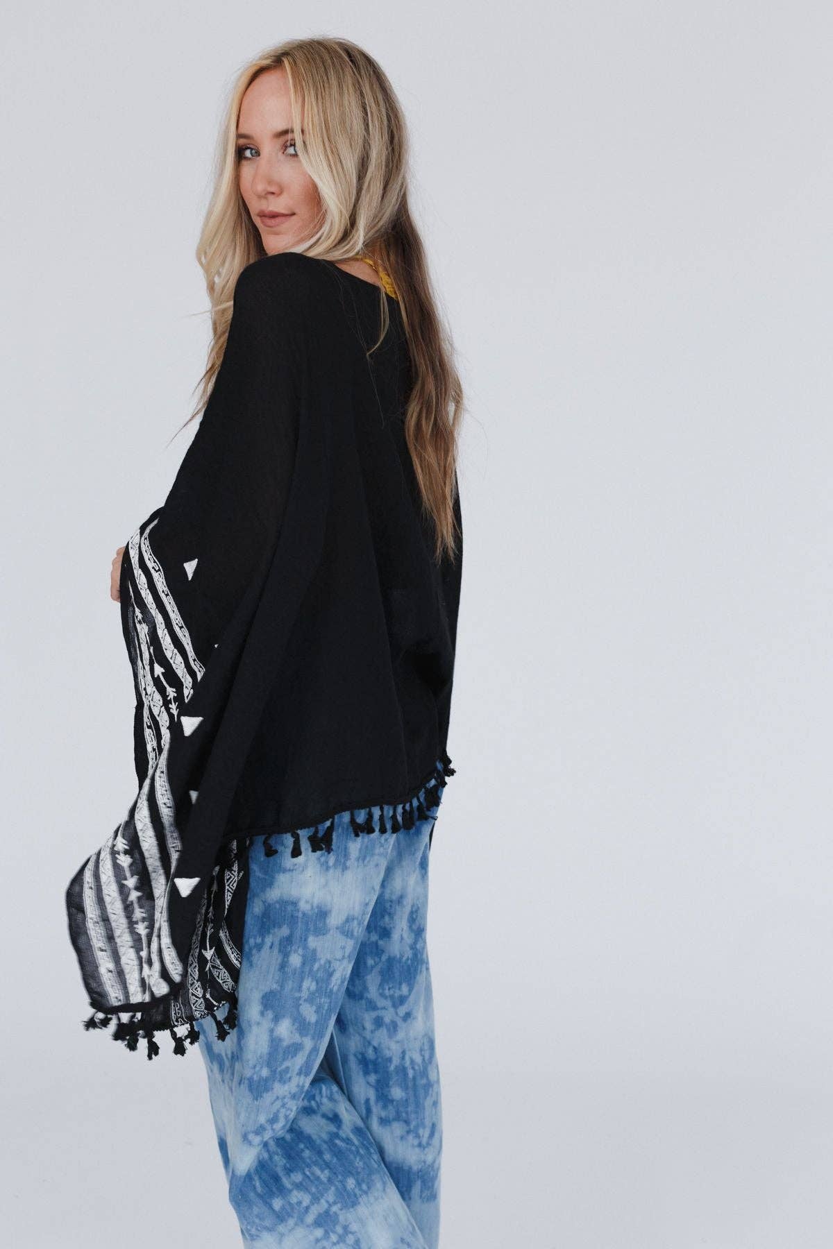 Three Bird Nest Fallon Embroidered Sleeve Tassel Poncho - Black