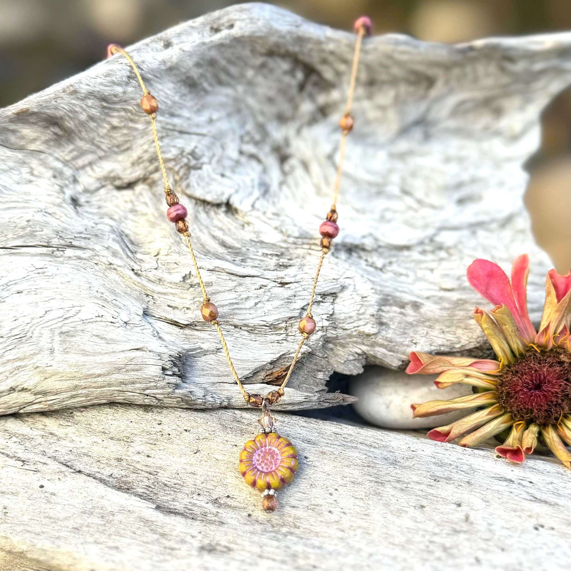 Jo Bird Jewelry Sunflower Pendant Necklace Olivine Rose