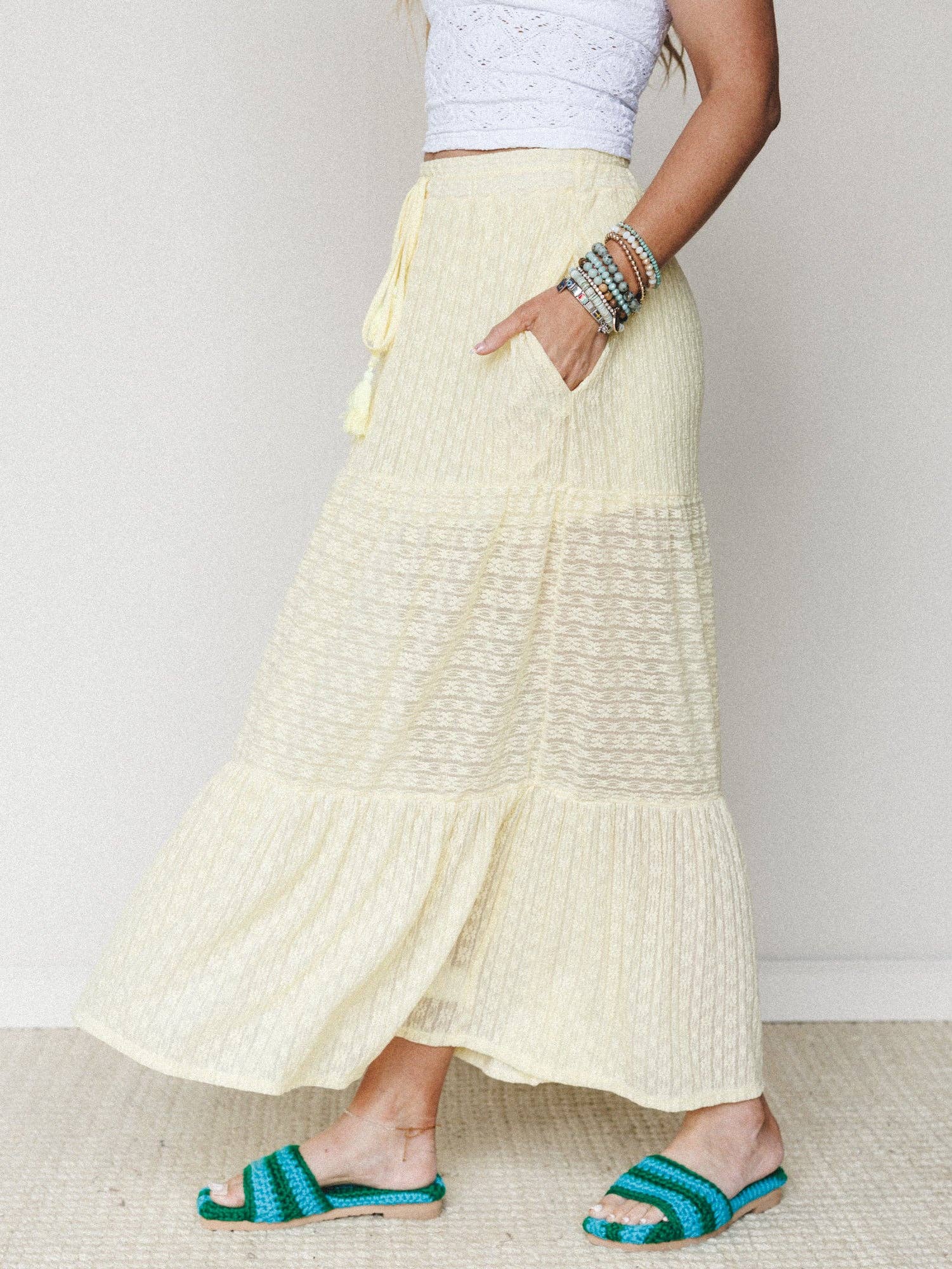Three Bird Nest Golden Drift Tiered Maxi Skirt - Yellow