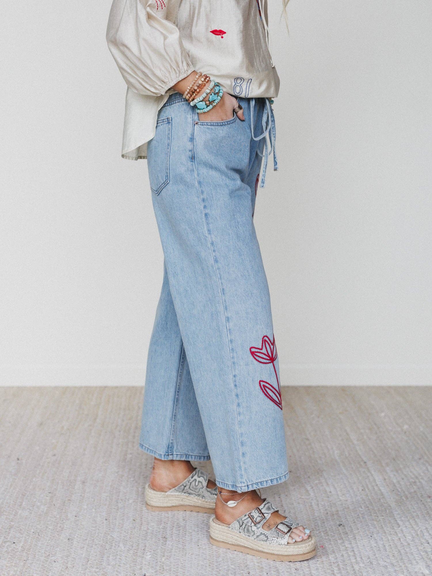 Three Bird Nest Soft Petal Denim Pants