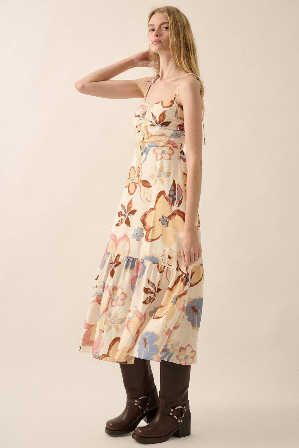 Promesa USA TEXTURED FLORAL-PRINT TIE-FRONT RUFFLE MIDI DRESS