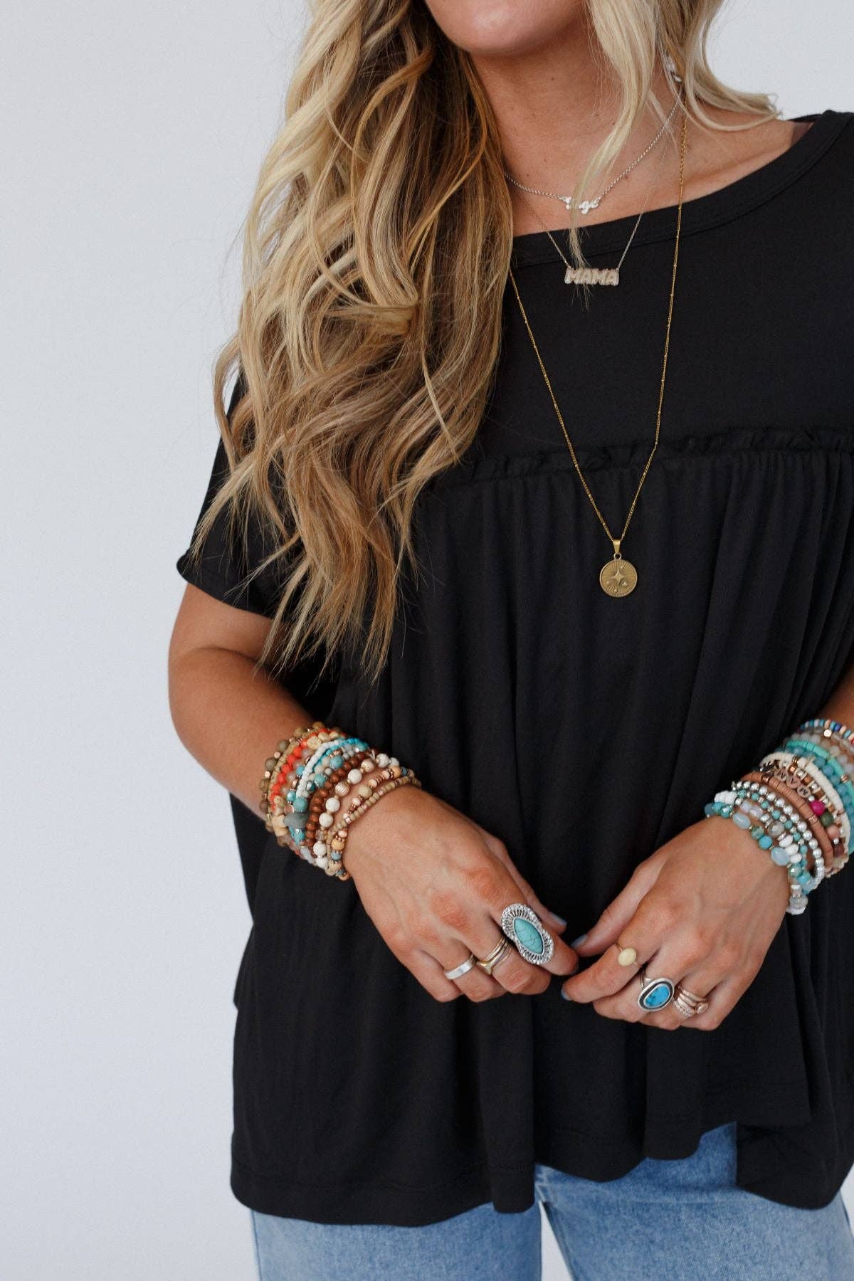 Three Bird Nest Sunday Morning Babydoll Top - Black