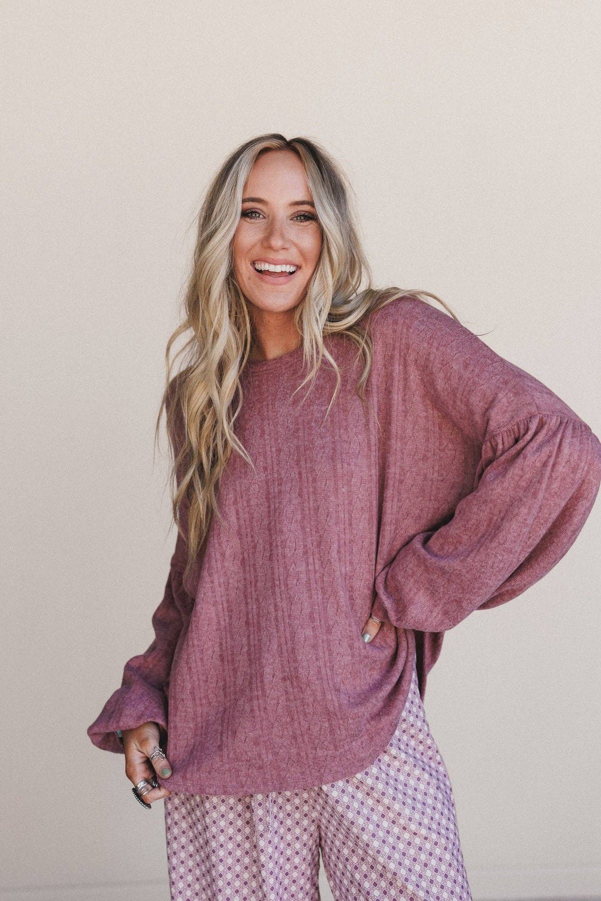 Three Bird Nest Sweet Heart Balloon Sleeve Knit Sweater - Mulberry