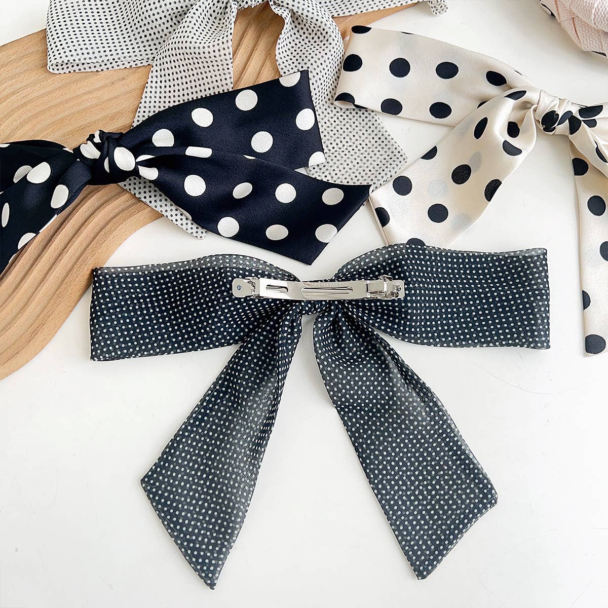 Adorro Polka Dot Ribbon Bow French Barrette Clip