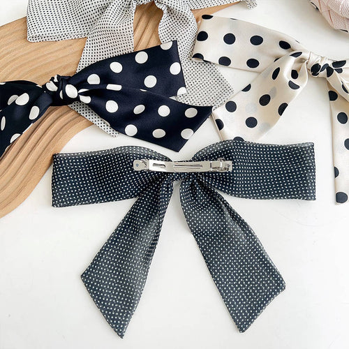 Adorro Polka Dot Ribbon Bow French Barrette Clip