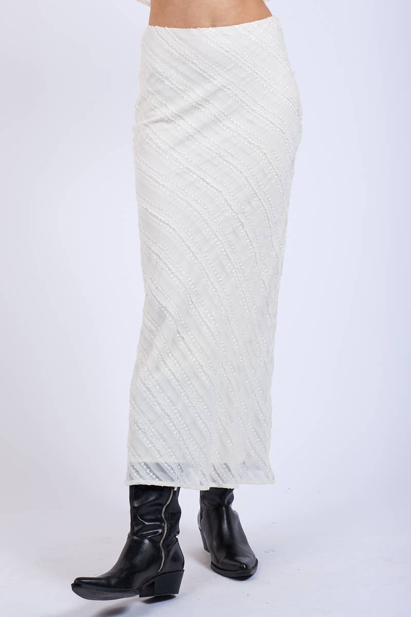Sky to Moon DIAGONAL RUFFLE HIGH-WAIST LAYERED LONG MIDI SKIRT White