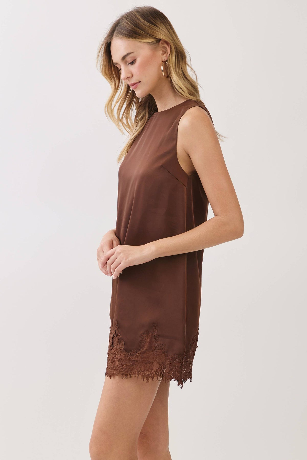 TCEC CD07308-Satin Eyelash Lace Trim Shift Mini Dress