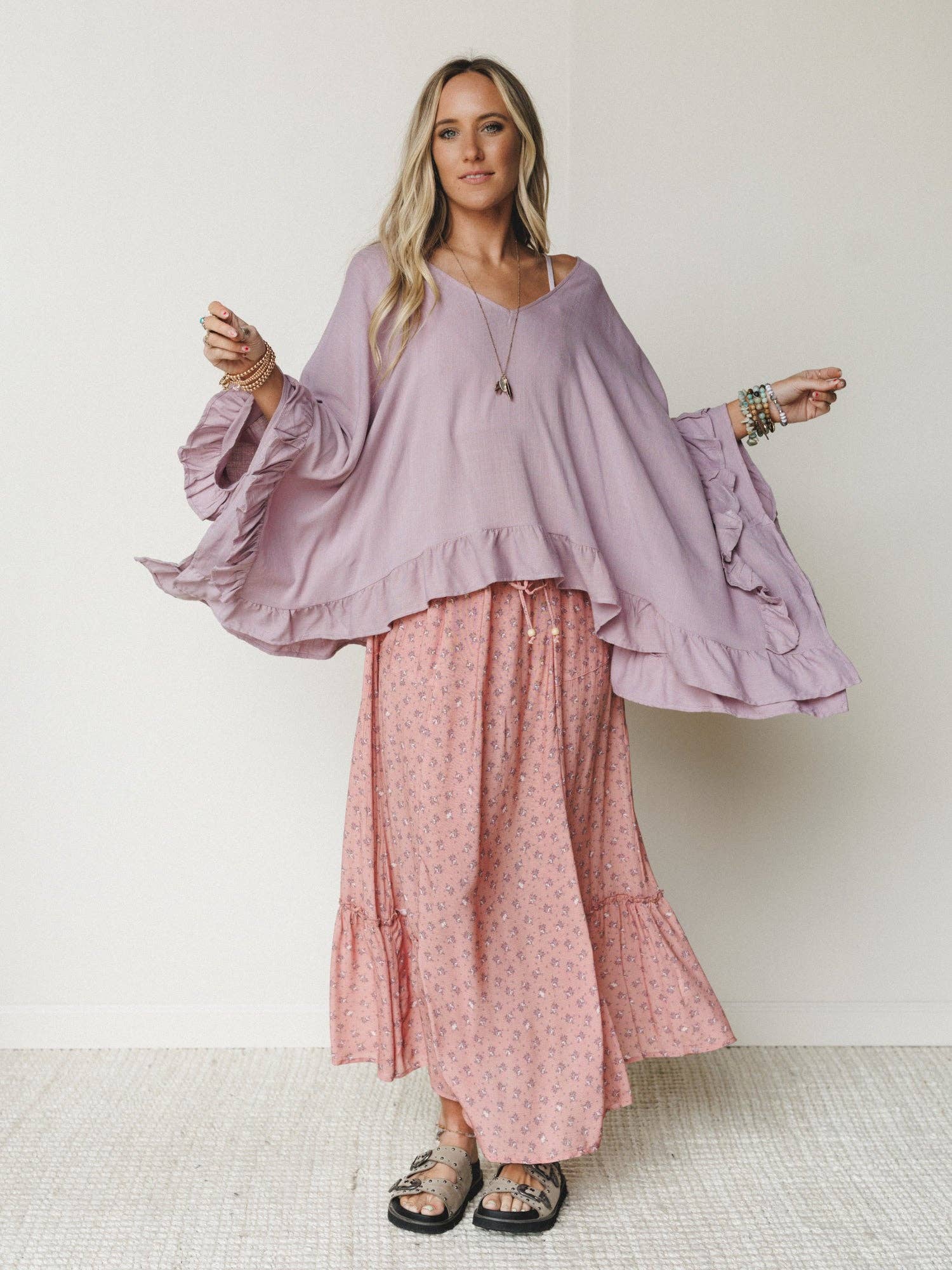 Three Bird Nest Let Me Ruffled Poncho Top - Pale Plum
