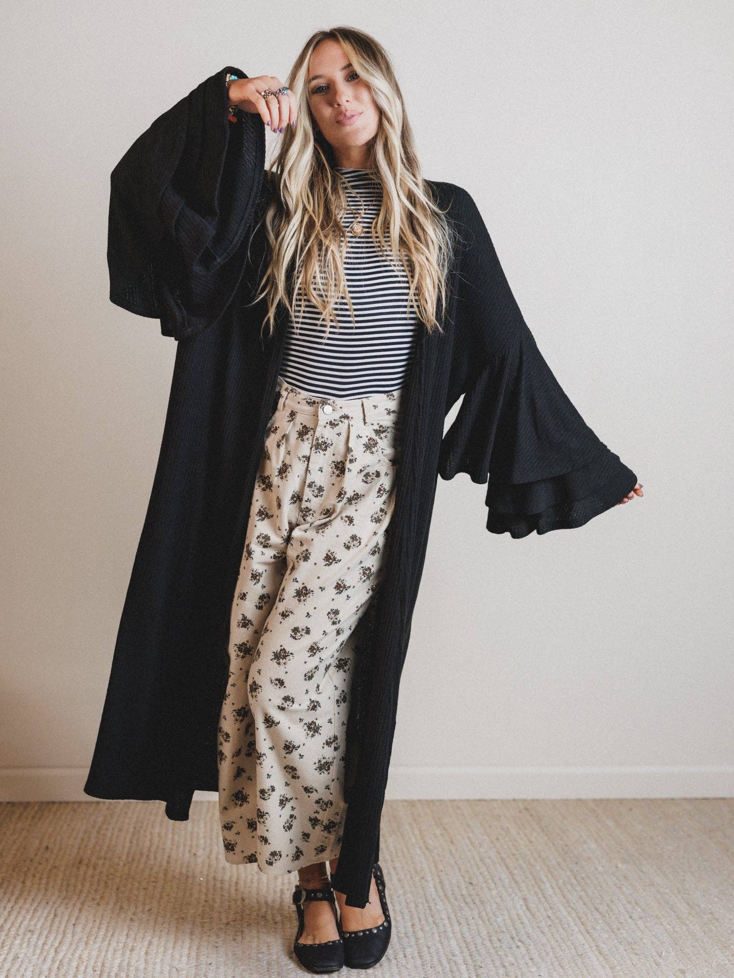 Three Bird Nest Radiant Ruffles Duster Cardigan - Black