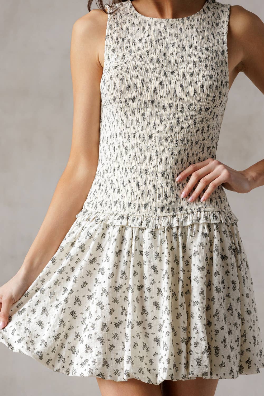 STORIA Flora Drop Waist Dress IVORY BLACK FL M