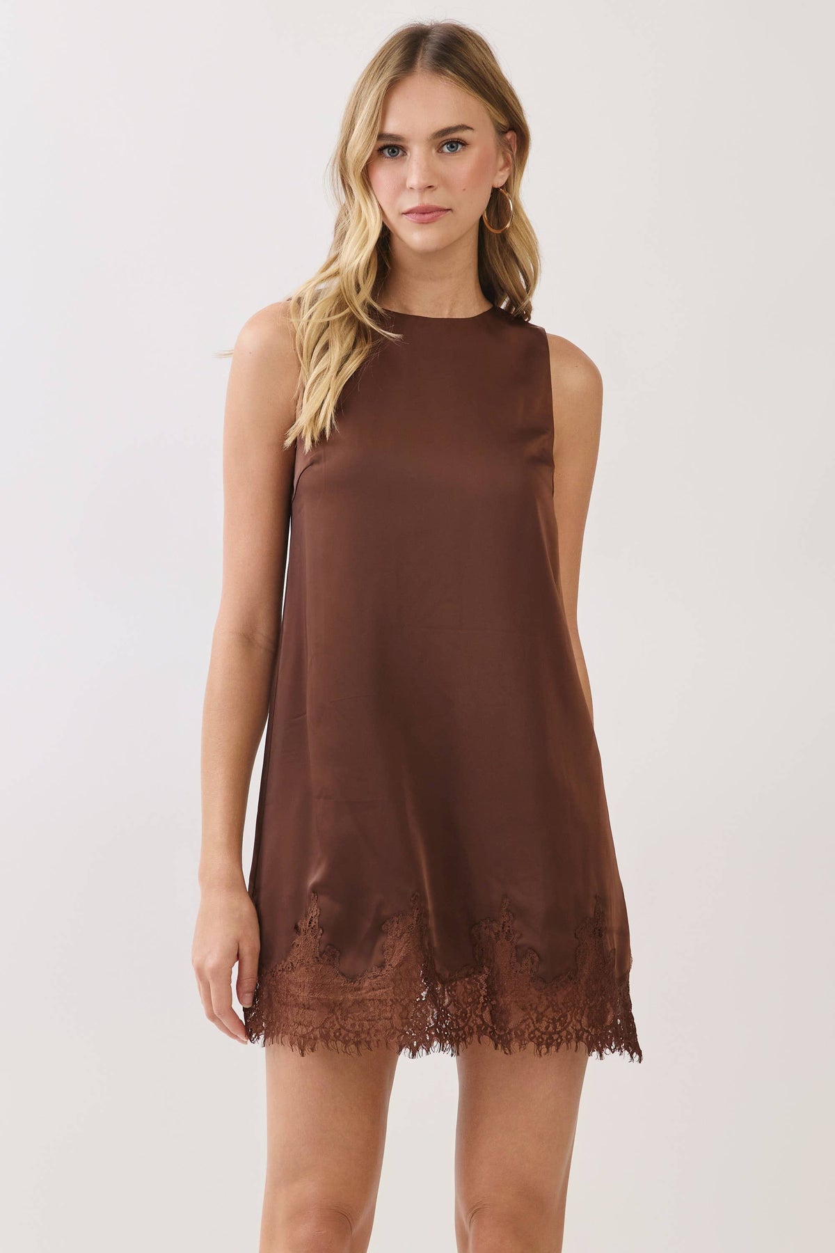 TCEC CD07308-Satin Eyelash Lace Trim Shift Mini Dress