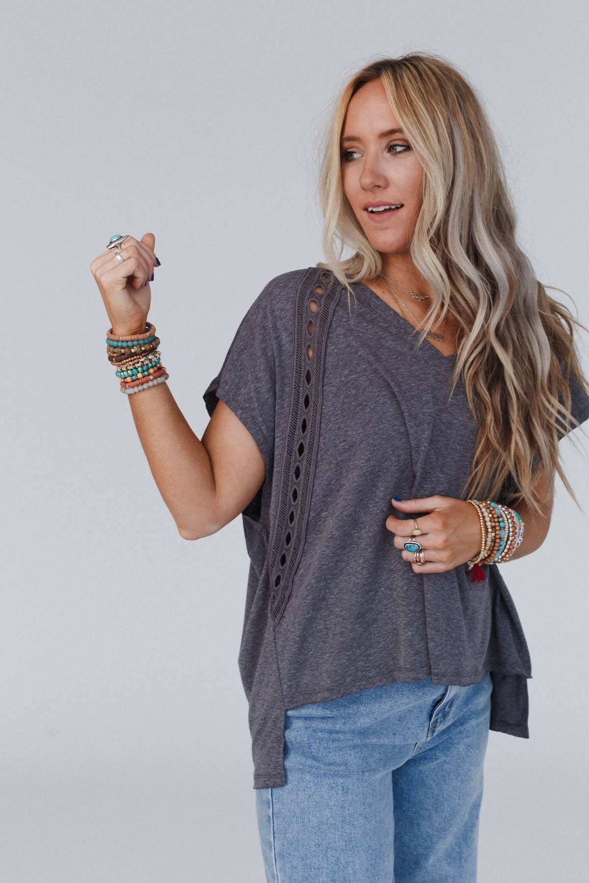 Three Bird Nest Camden Lace V Neck Top - Charcoal