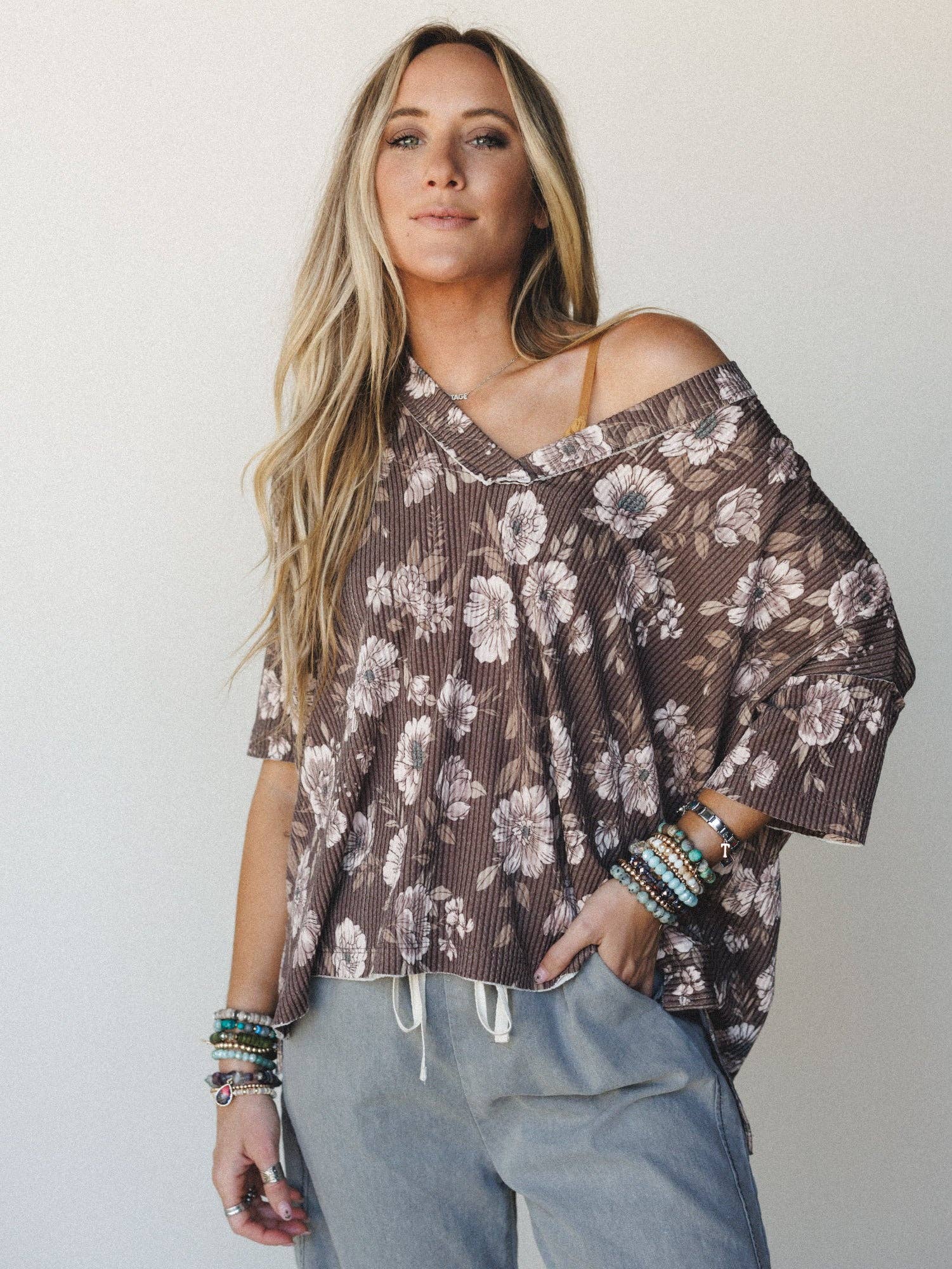 Three Bird Nest On The Go V Neck Ribbed Essential Tee Brown