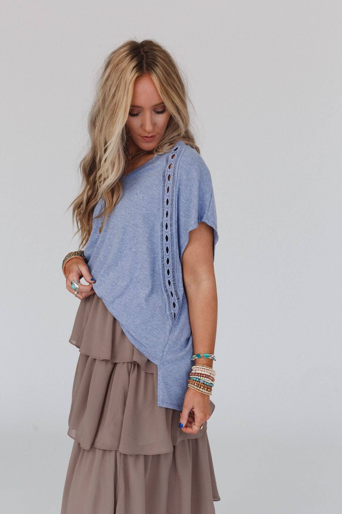 Three Bird Nest Camden Lace V Neck Top - Denim