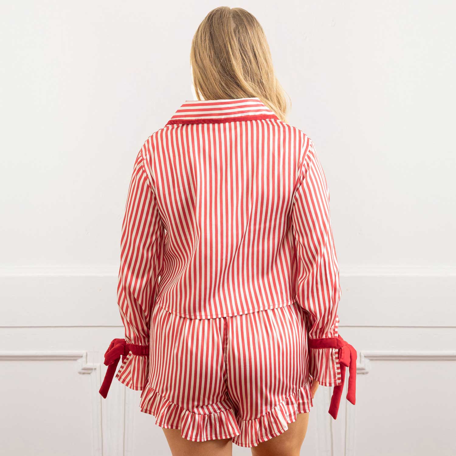 8 Oak Lane Red Stripe Satin Ruffle Short PJ Set