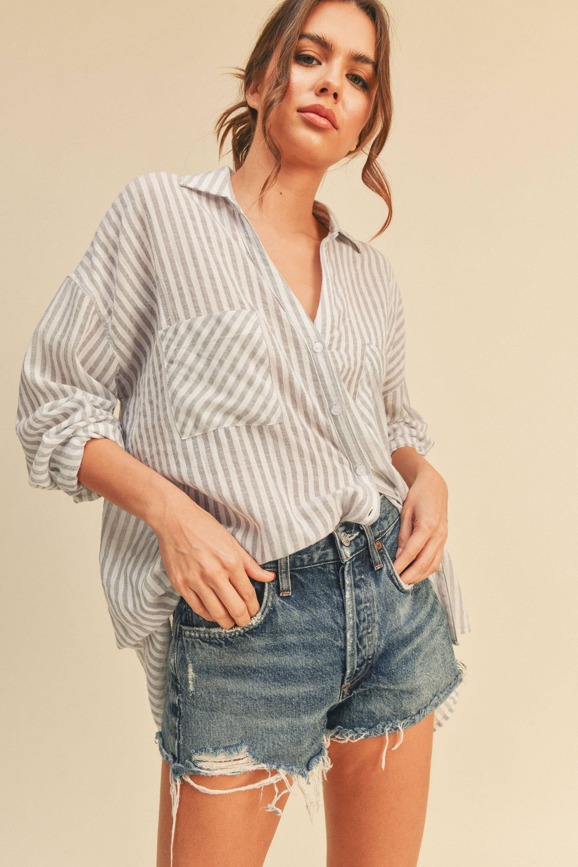MIOU MUSE STRIPED BUTTON DOWN SHIRTS