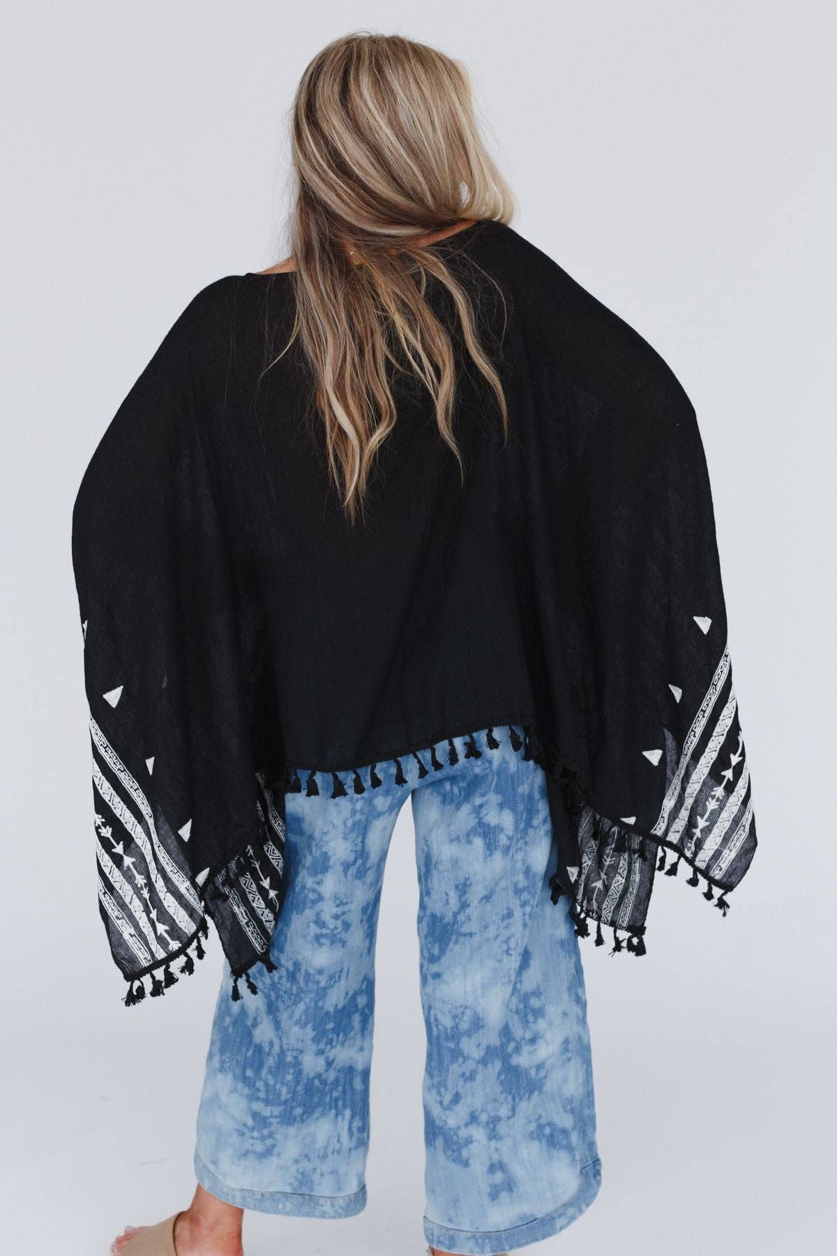 Three Bird Nest Fallon Embroidered Sleeve Tassel Poncho - Black