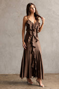 STORIA DAMAGED ENCHANTED RUFFLED MAXI DRESS M BROWN