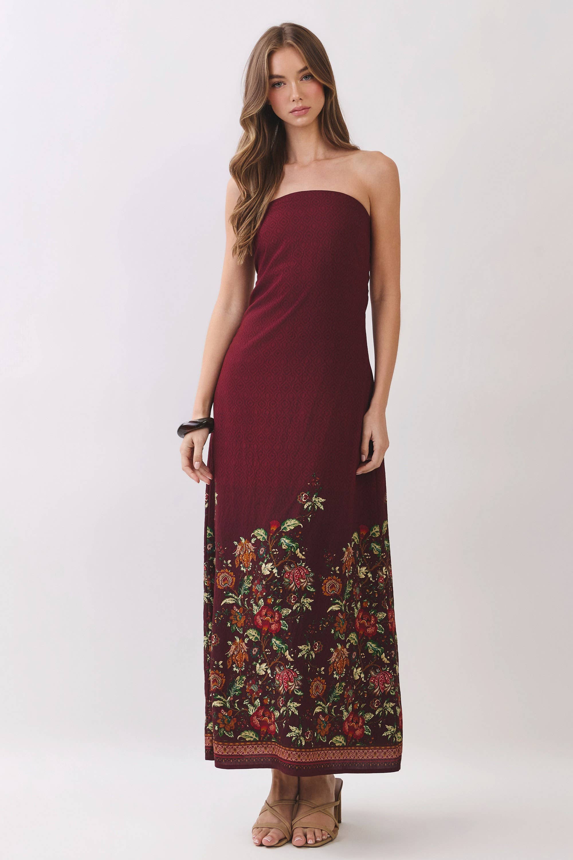 TCEC CD07414-Border Floral Strapless Maxi Dress
