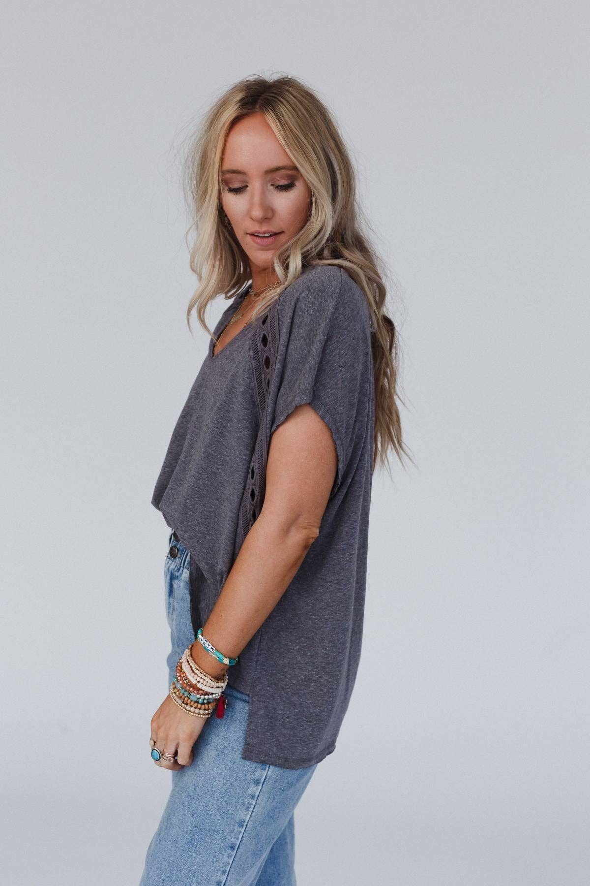 Three Bird Nest Camden Lace V Neck Top - Charcoal