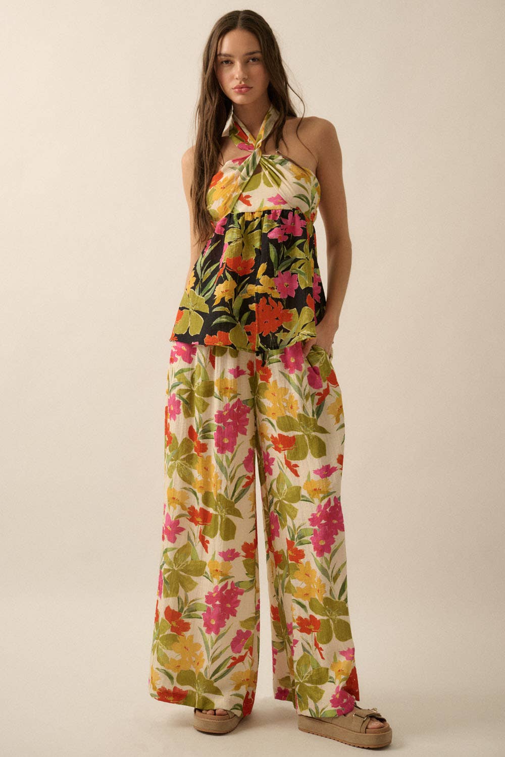 Promesa USA Two-Tone Floral Convertible Flyaway Halter Top