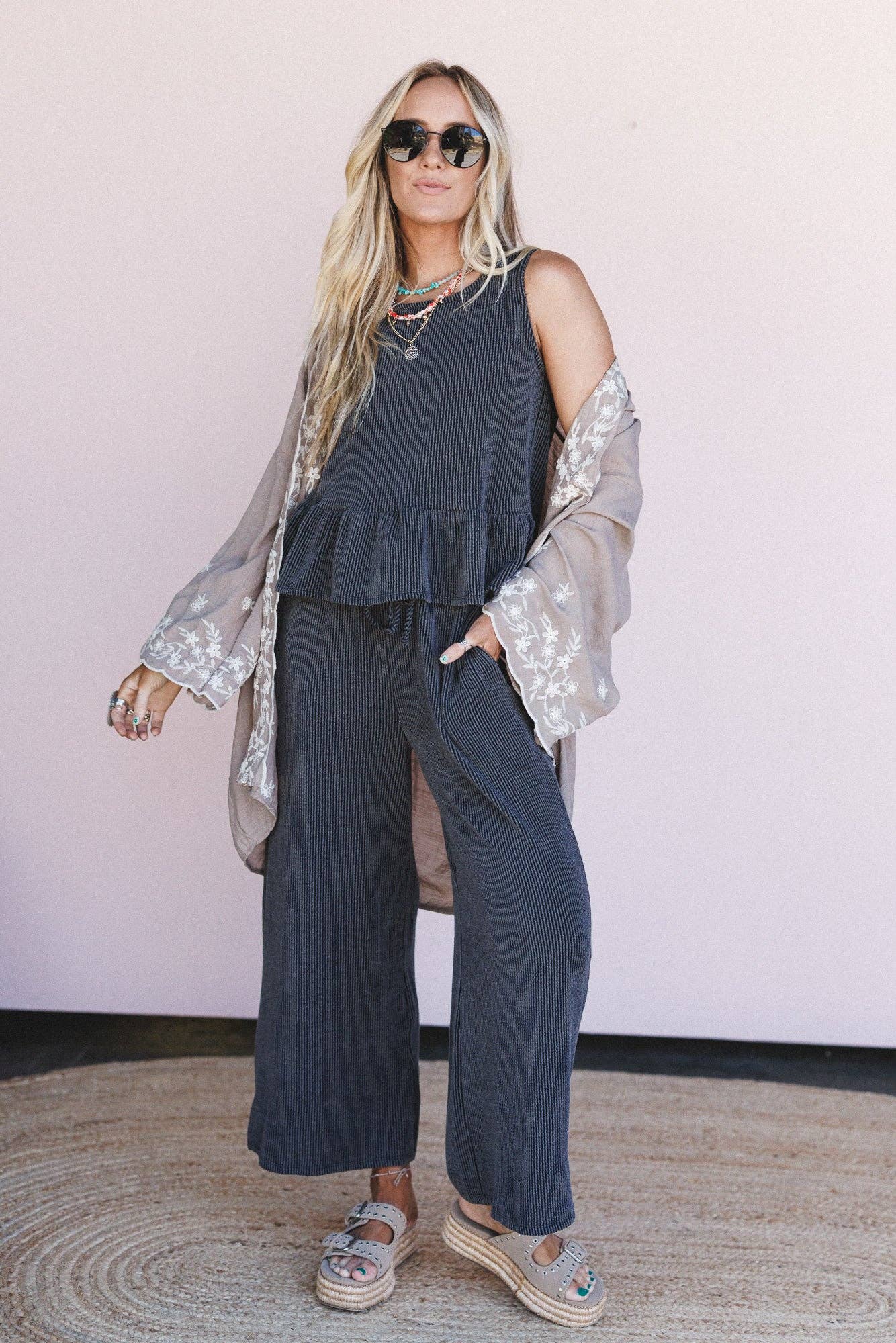 Three Bird Nest Flower Crowns Embroidered Kimono - Mocha