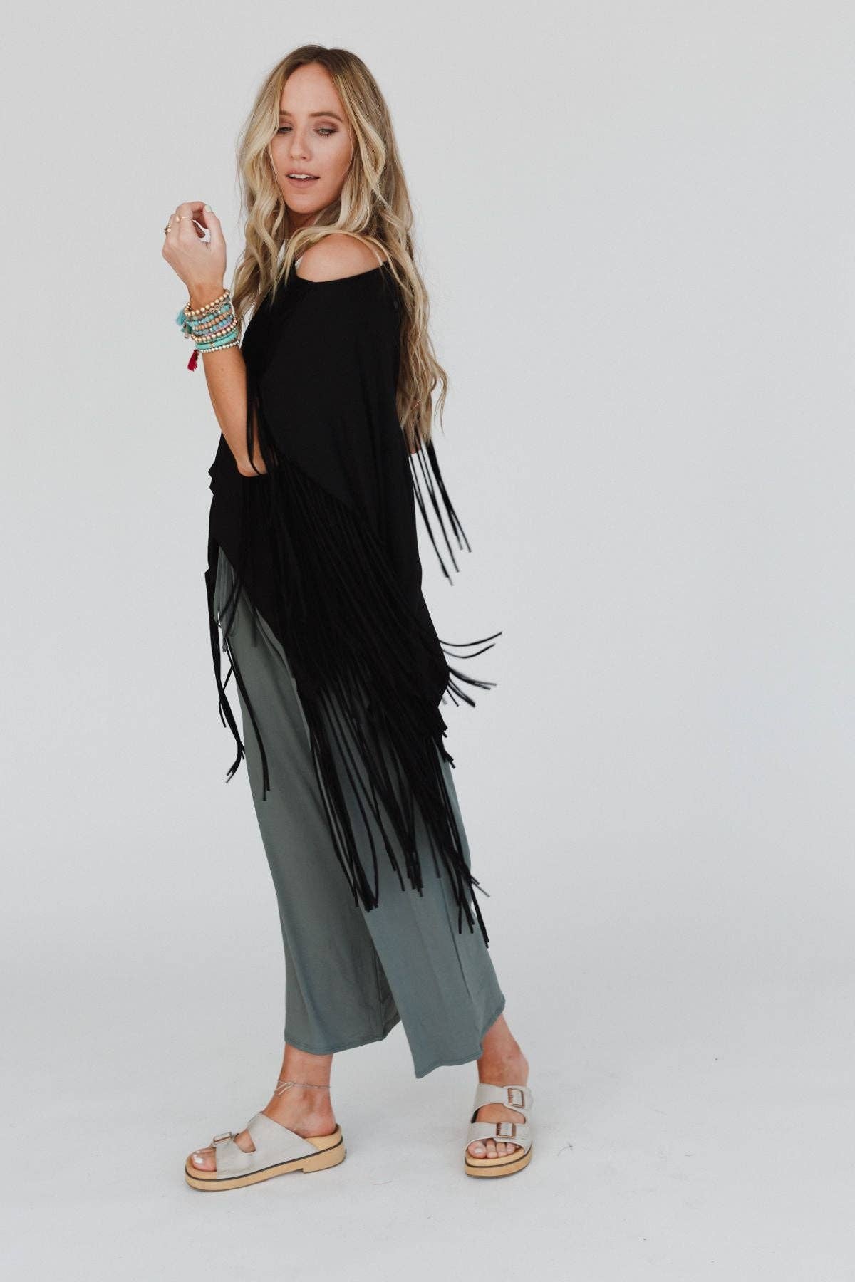Three Bird Nest SHOWSTOPPER FRINGE TOP - BLACK