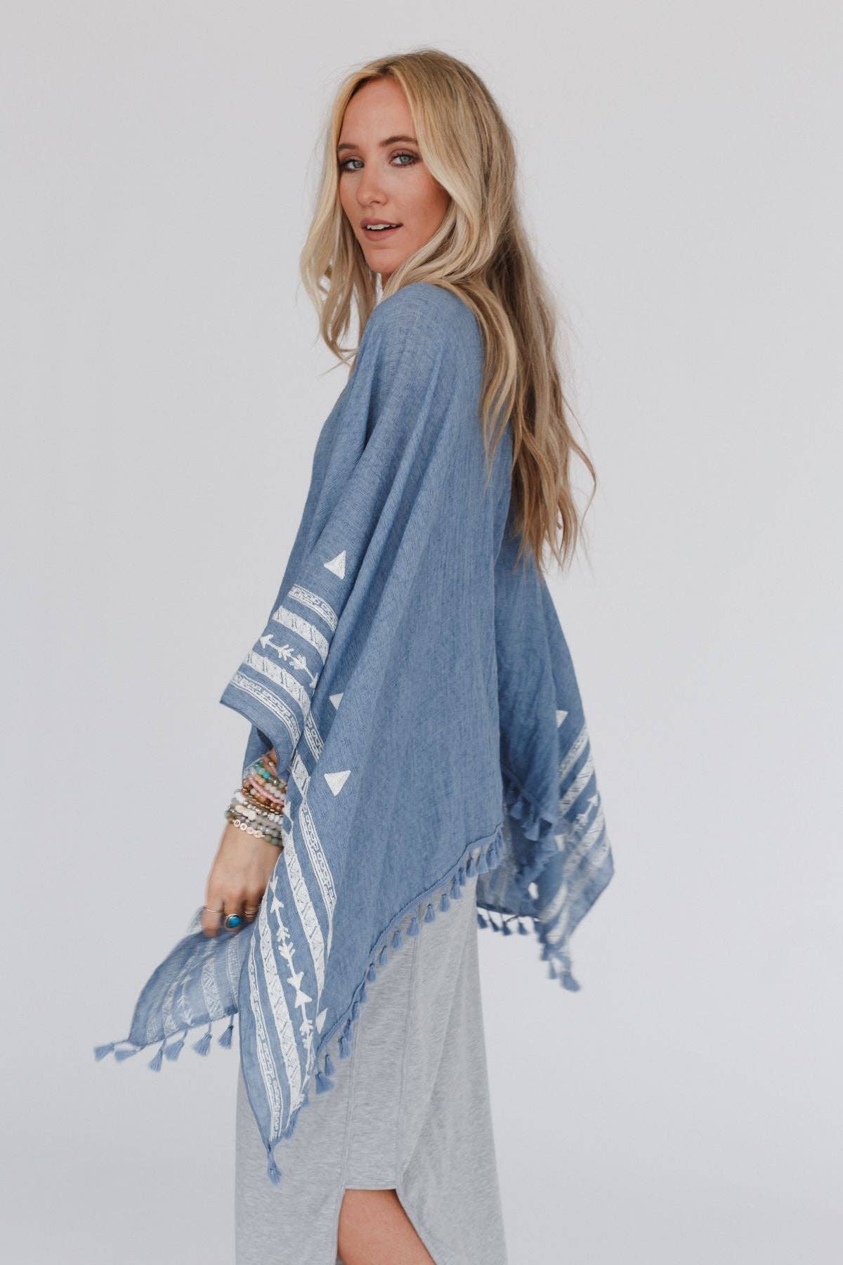 Three Bird Nest Fallon Embroidered Sleeve Tassel Poncho - Blue