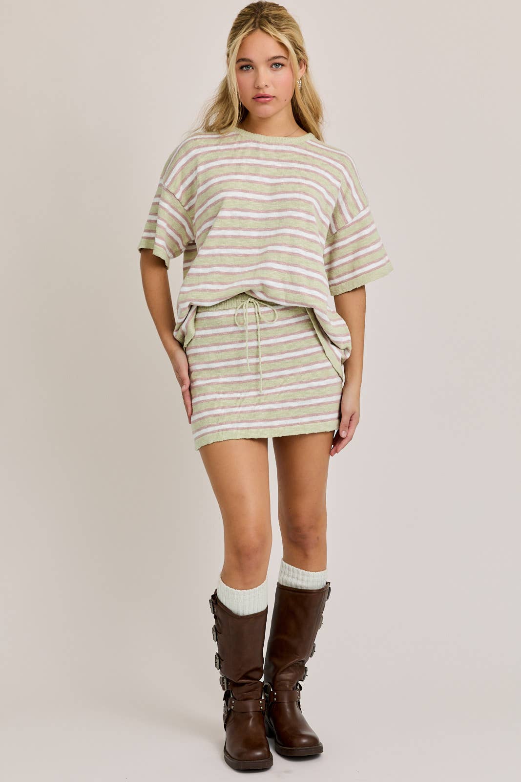 LE LIS CREW NECK STRIPED OVERSIZED SWEATER TOP WITH MINI SKIRT SET