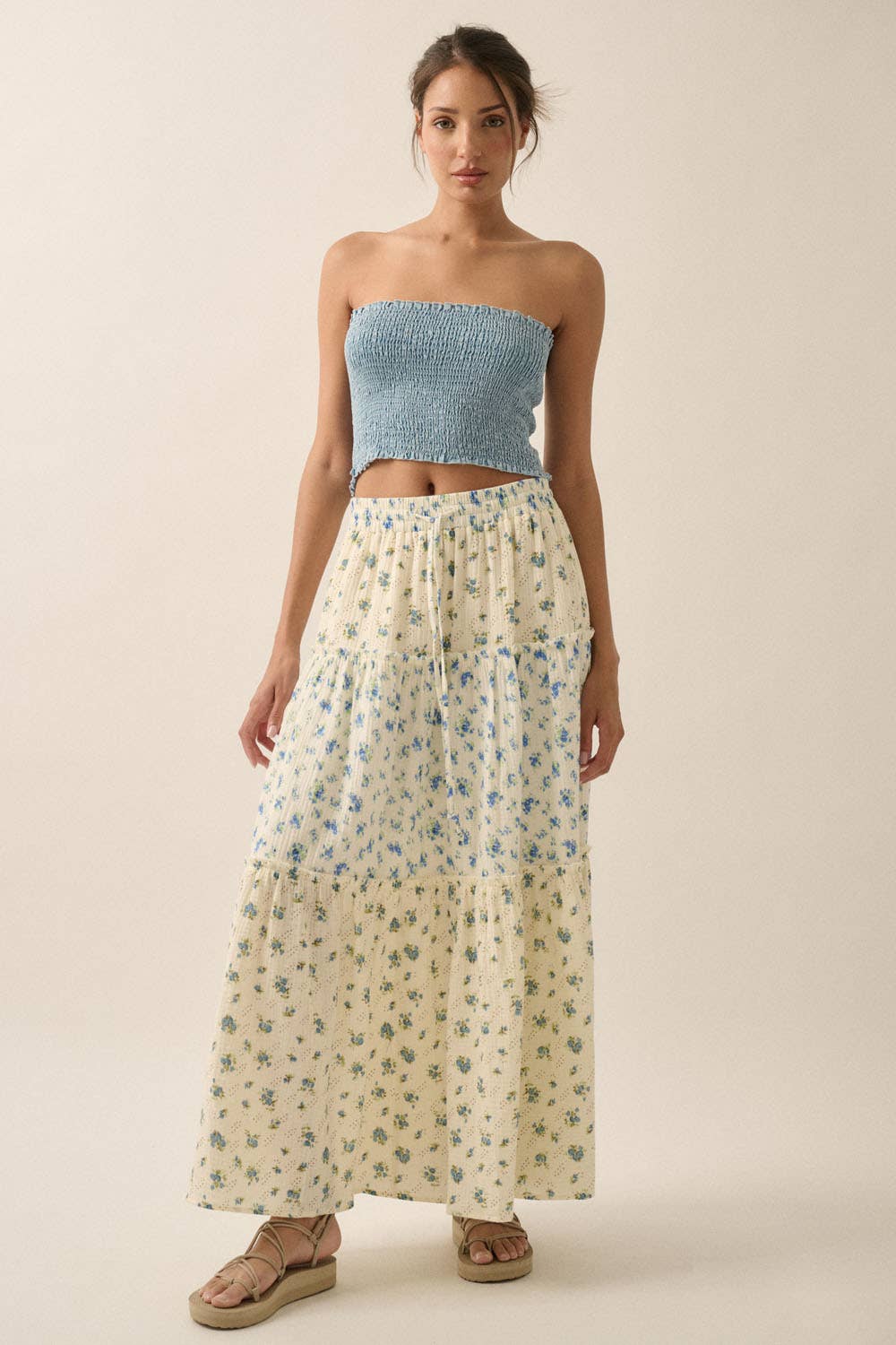Promesa USA FLORAL CRINKLE COTTON COLORBLOCK TIERED MAXI SKIRT