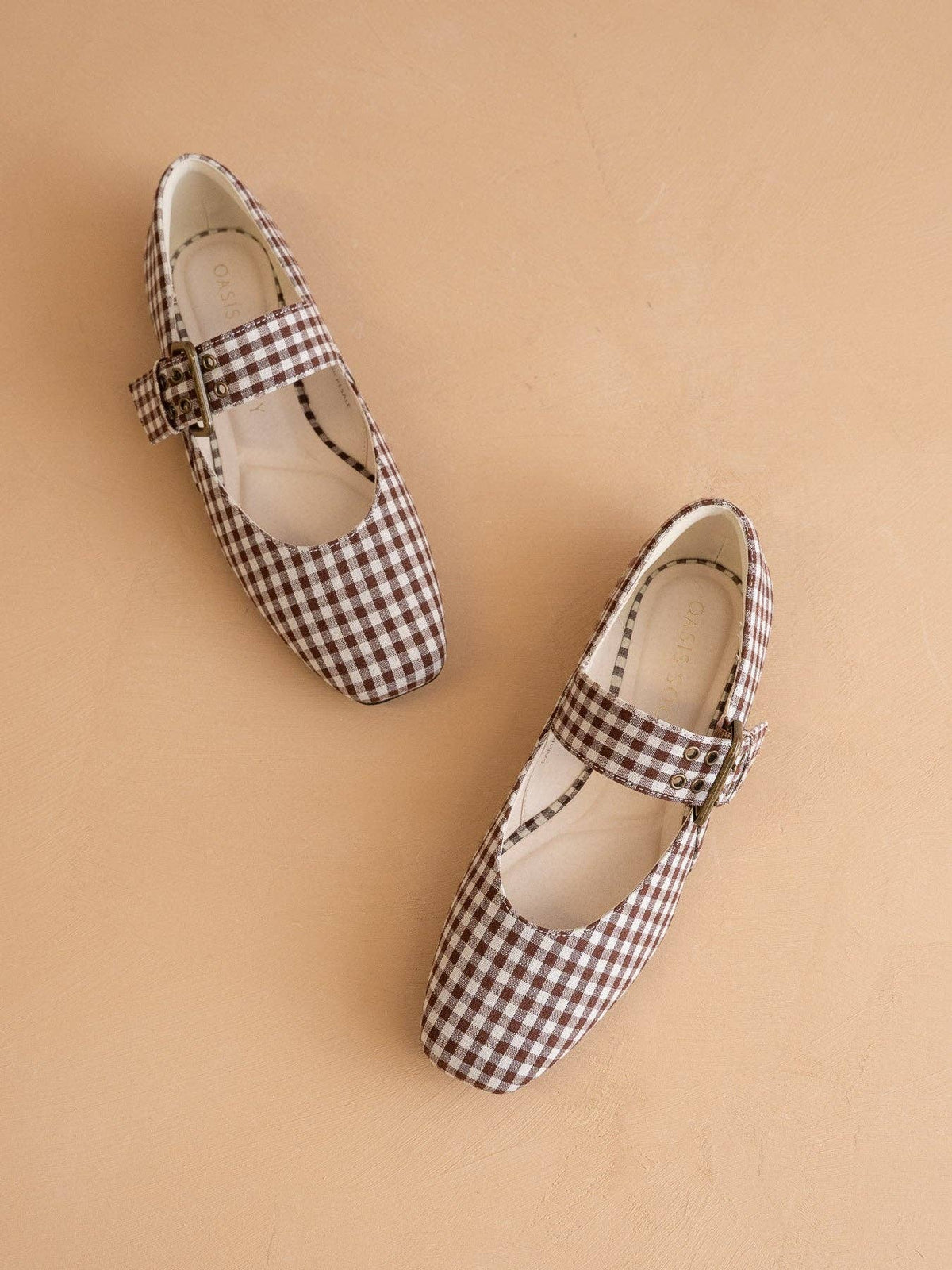 OASIS SOCIETY The Soho | Coffee Gingham Ballet Fall Flat Studded Buckle