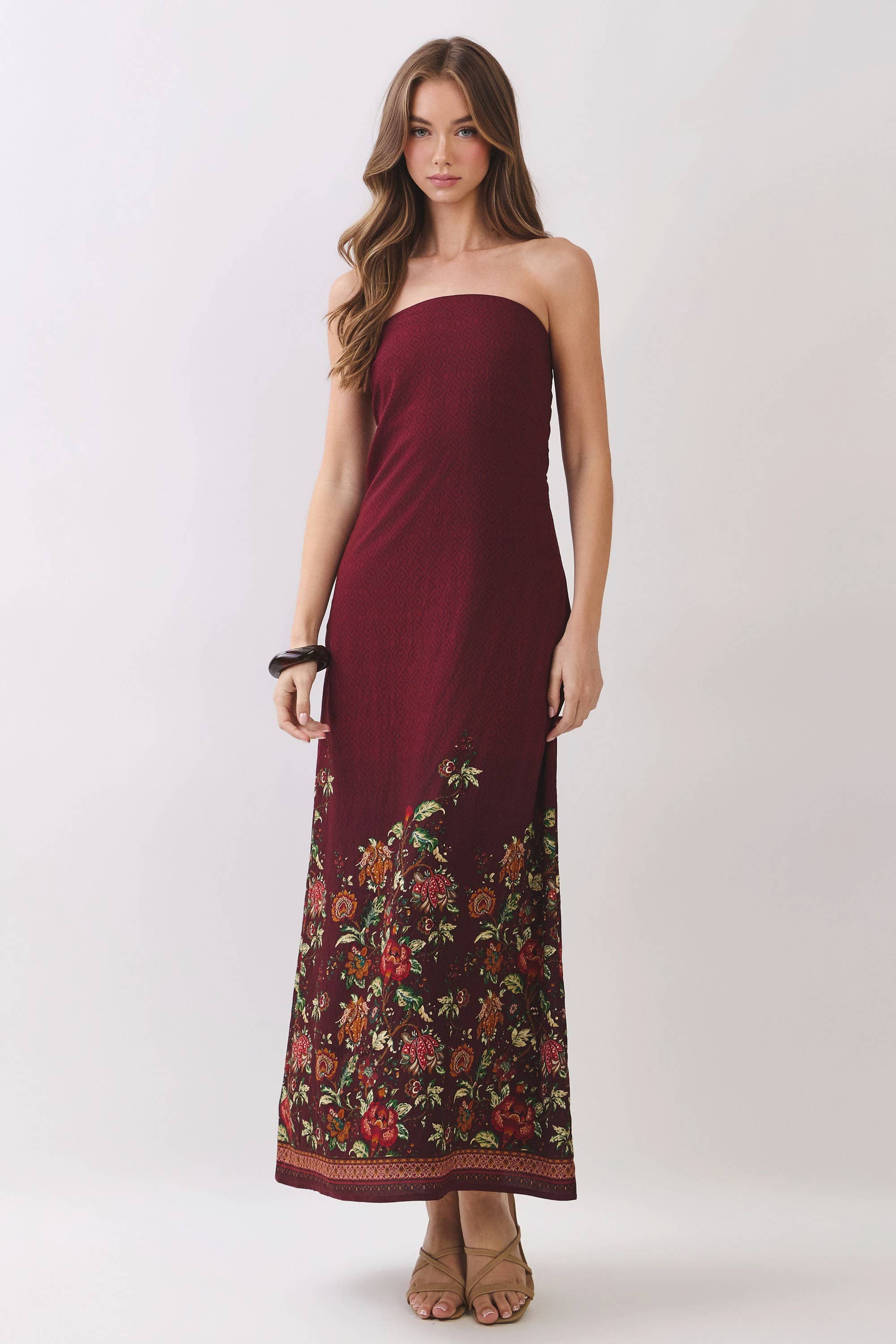 TCEC CD07414-Border Floral Strapless Maxi Dress CRIMSON