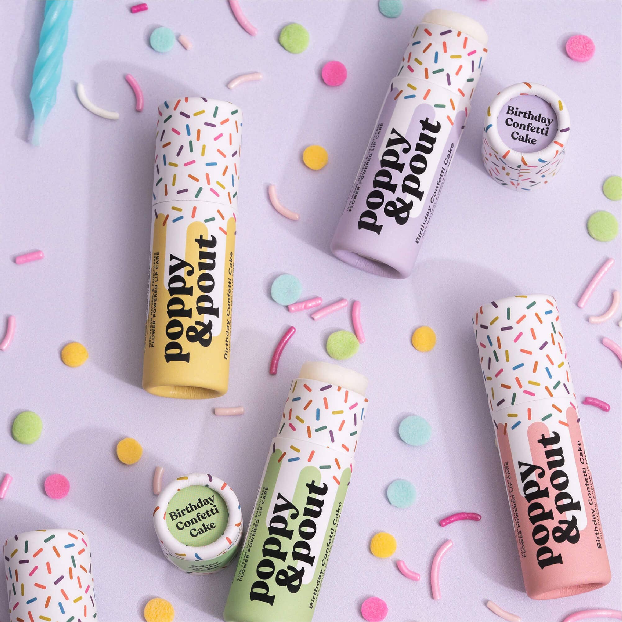 Poppy & Pout Lip Balm, Birthday Confetti Cake, Purple