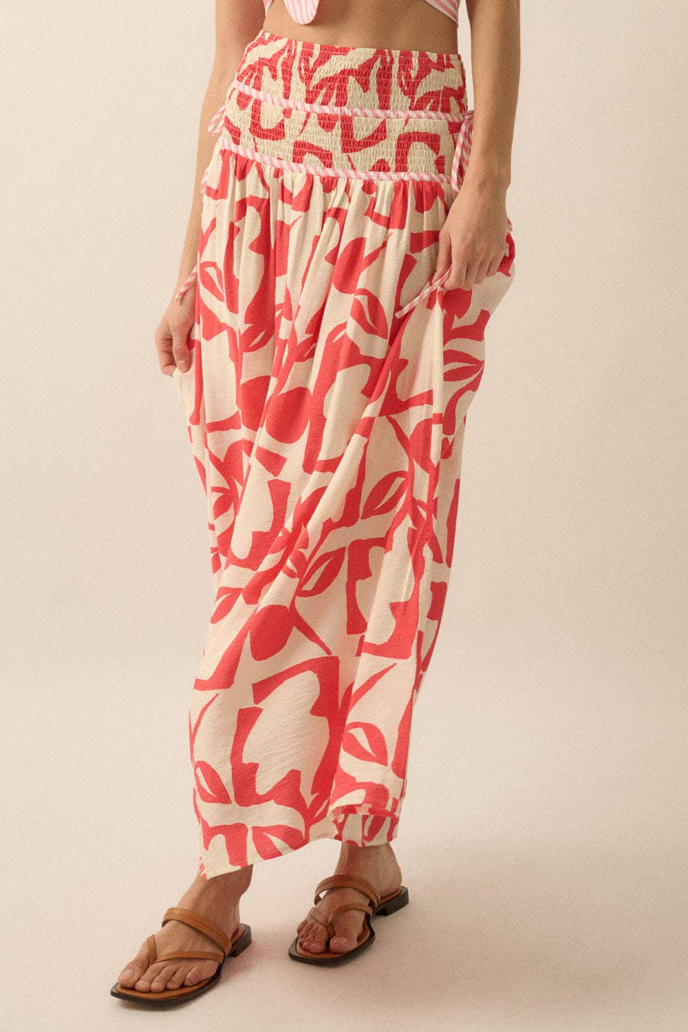 Promesa USA Abstract Floral-Print Tiered-Waist Maxi Skirt
