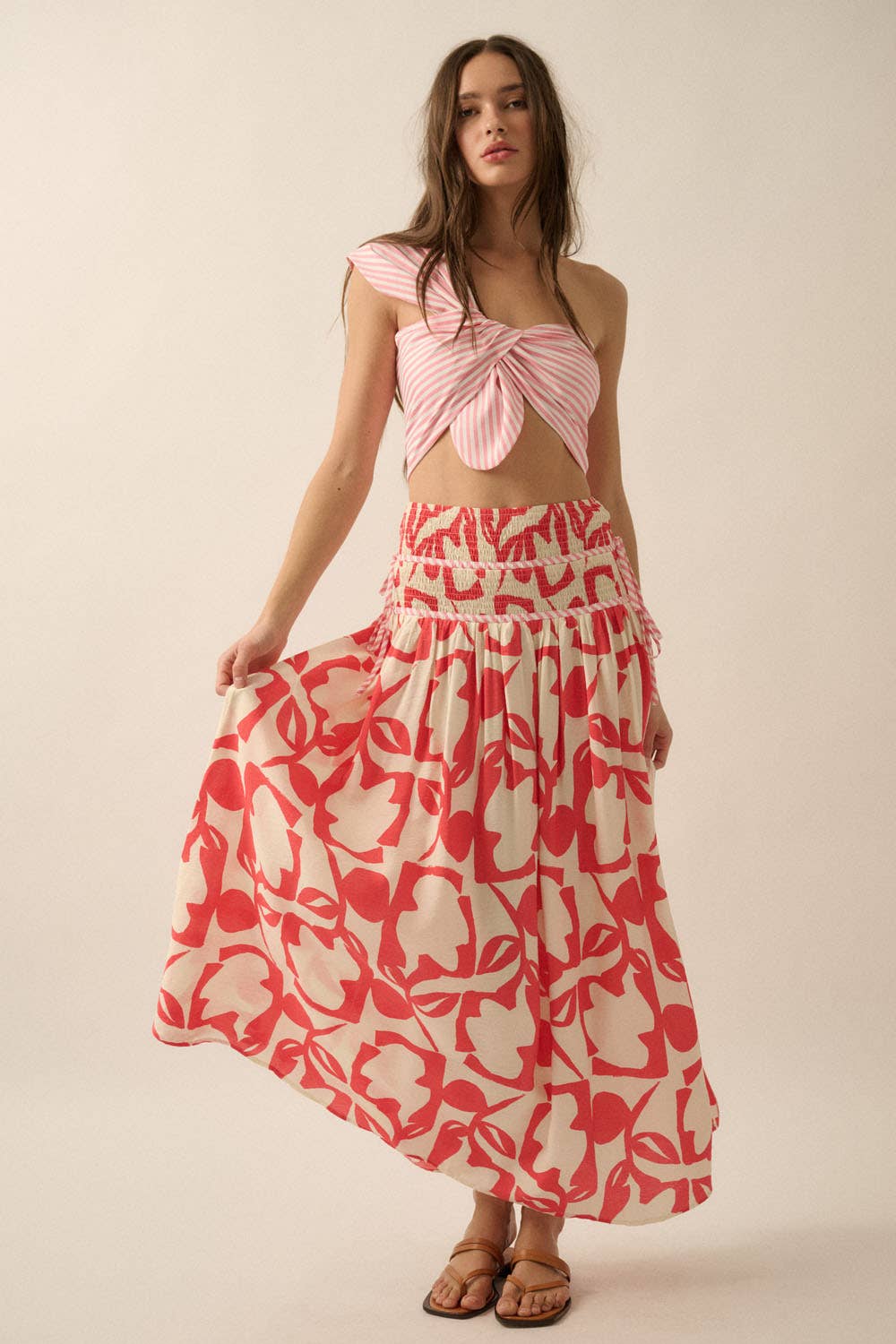 Promesa USA Abstract Floral-Print Tiered-Waist Maxi Skirt