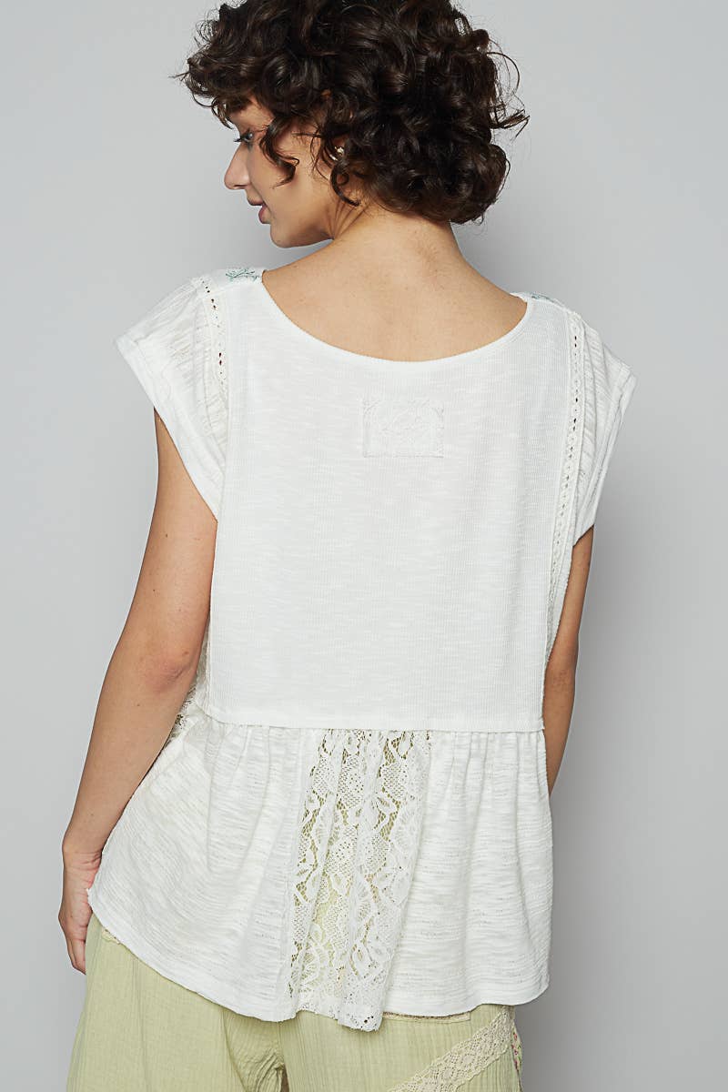 Pol Clothing BOAT NECK SOLID EMBROIDERY TEXTURED KNIT TOP