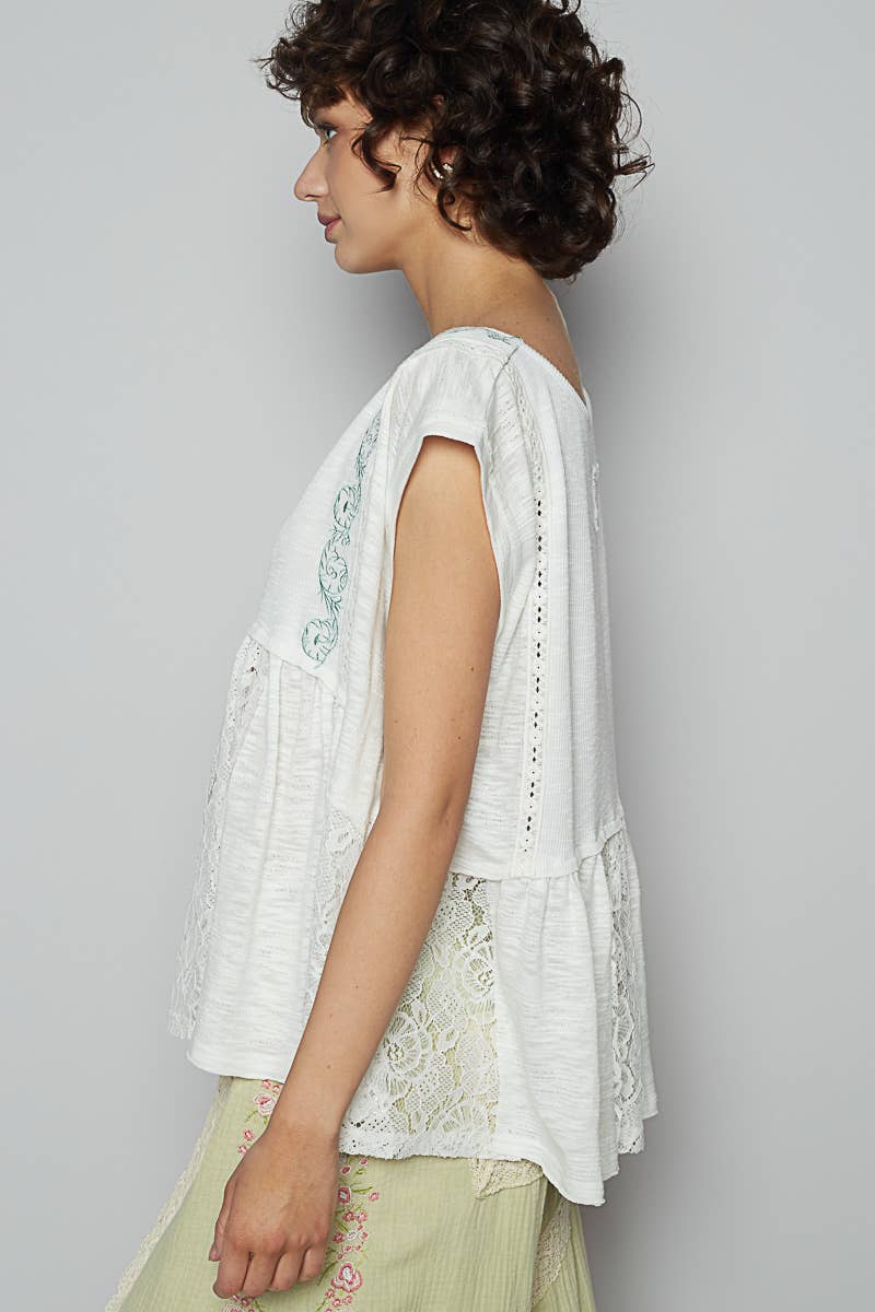 Pol Clothing BOAT NECK SOLID EMBROIDERY TEXTURED KNIT TOP