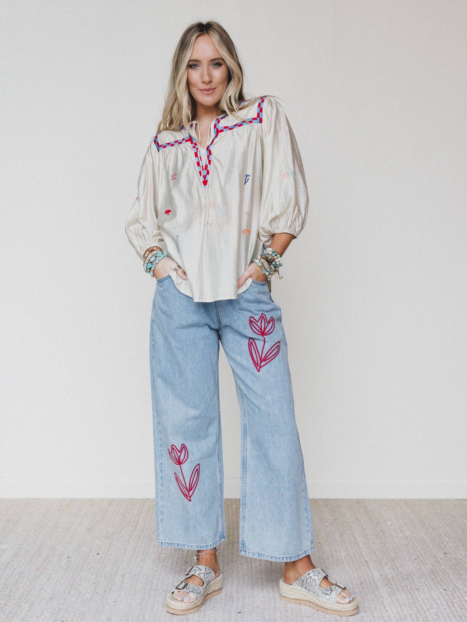 Three Bird Nest Soft Petal Denim Pants