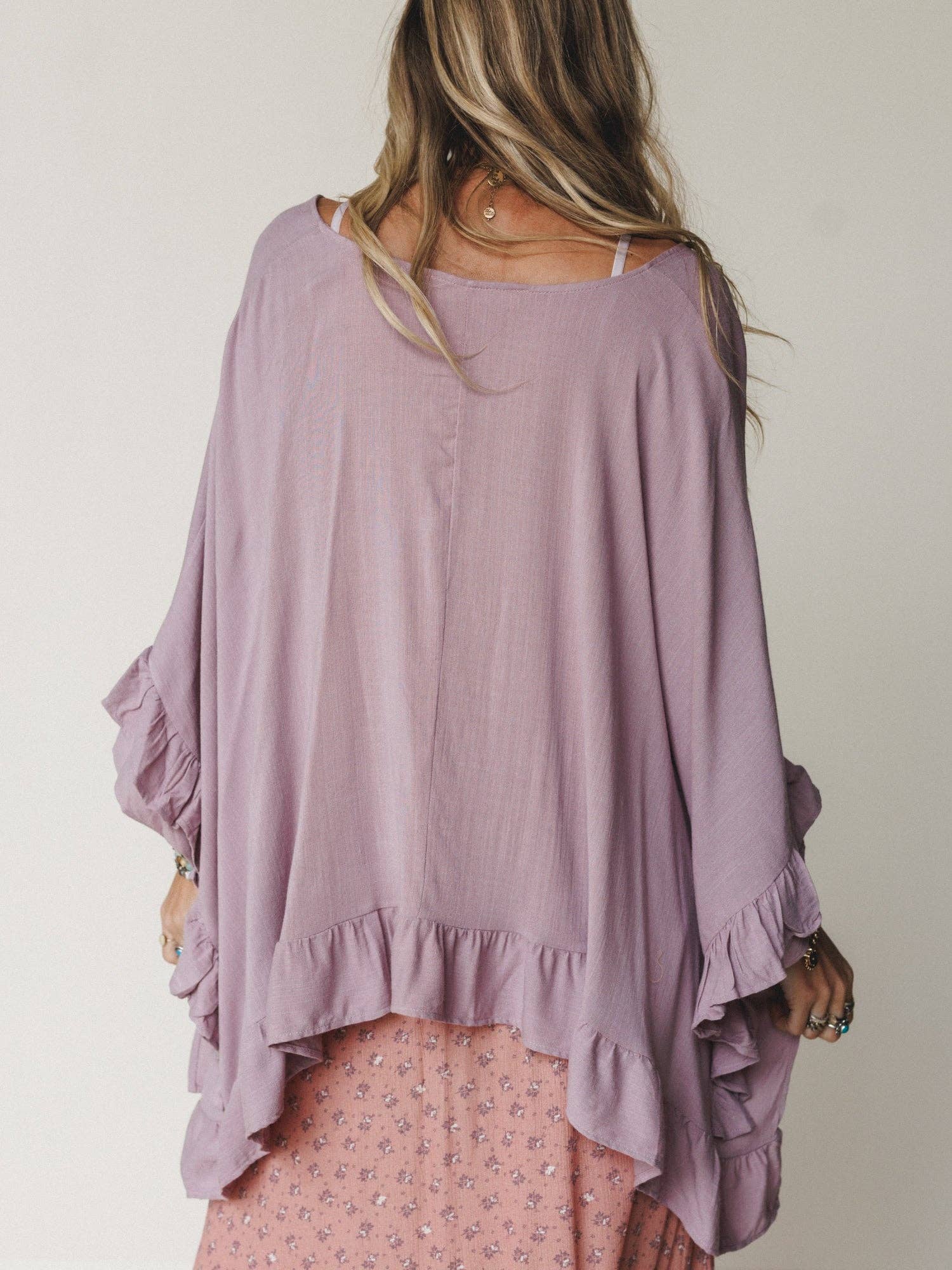Three Bird Nest Let Me Ruffled Poncho Top - Pale Plum