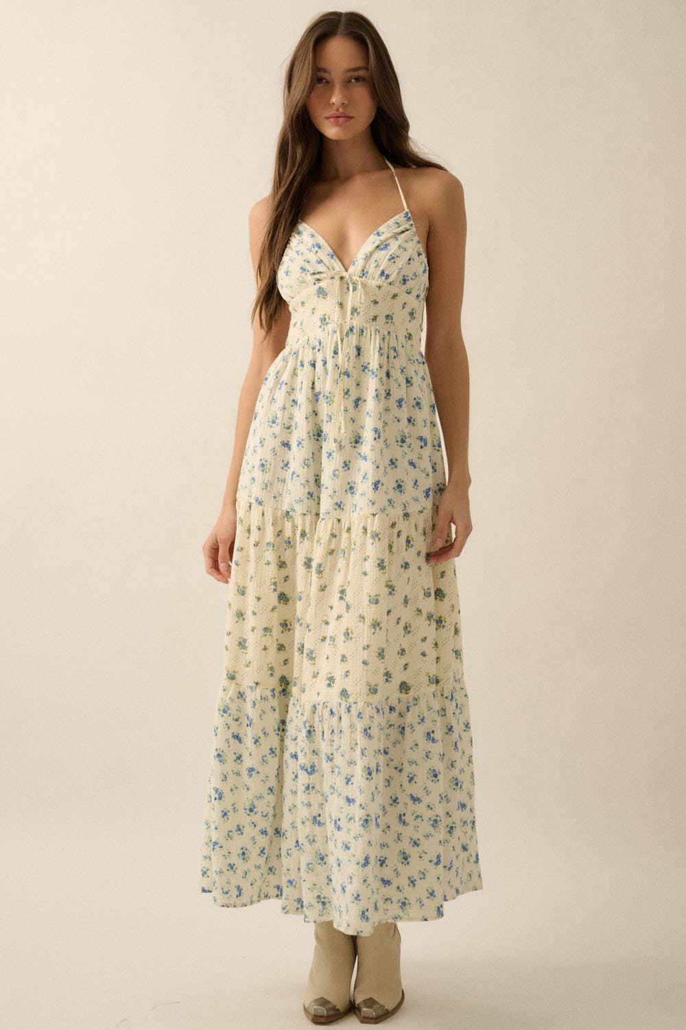 Promesa USA Floral Crinkle Cotton Colorblock Tiered Maxi Dress BLUE