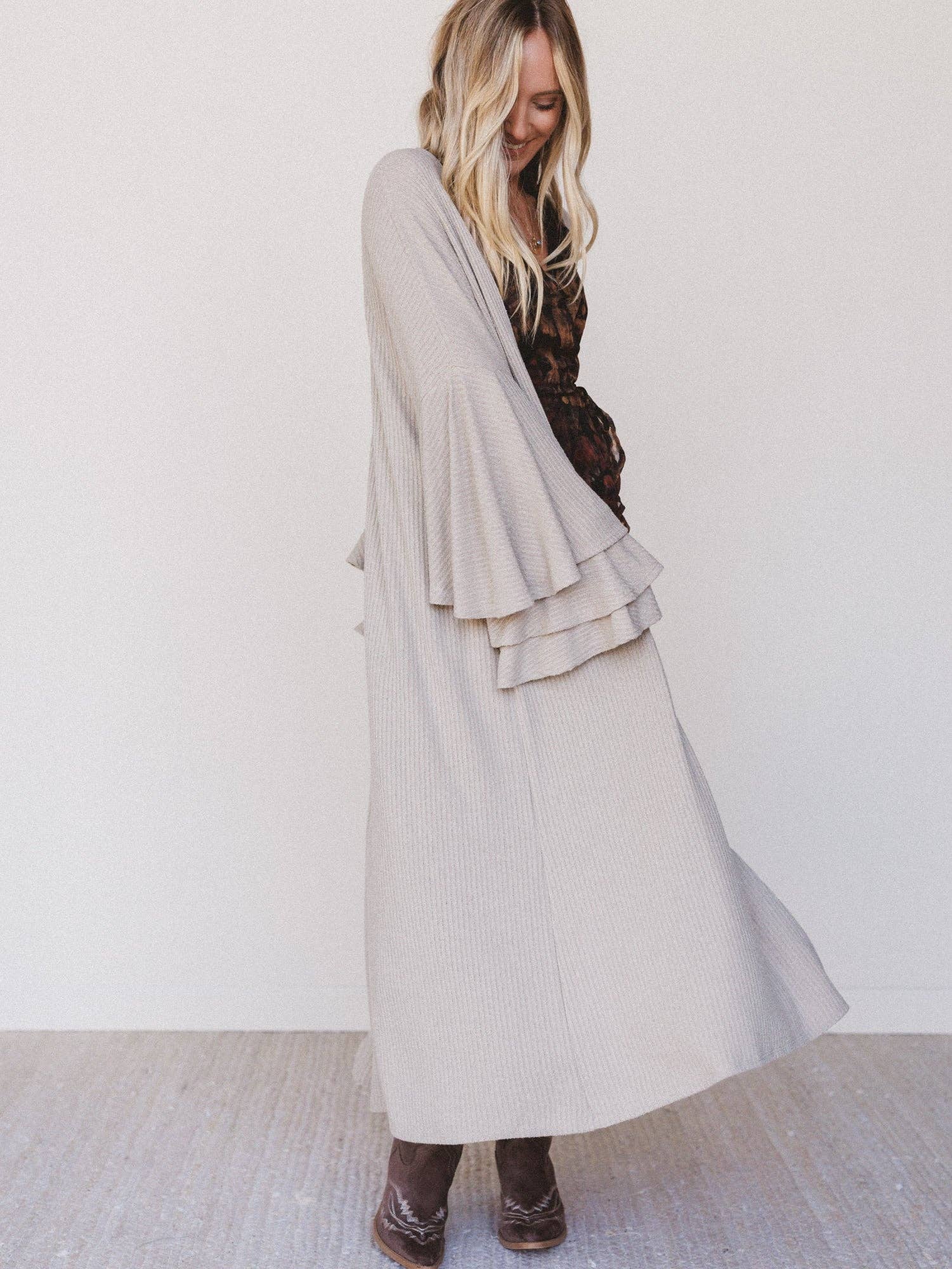 Three Bird Nest Radiant Ruffles Duster Cardigan - Taupe